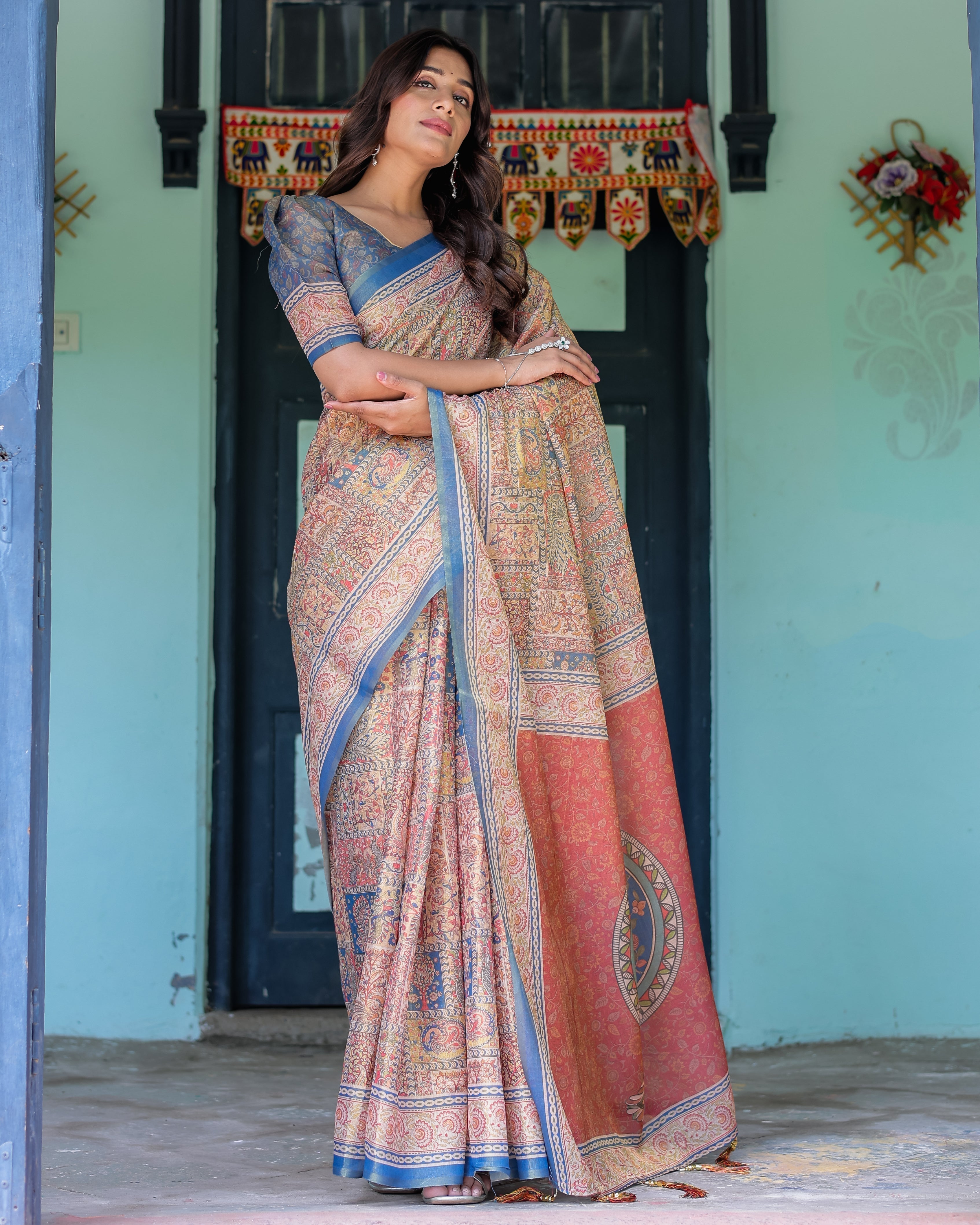 Rust & Blue Handloom Cotton Saree with Classical Dancer Motif and Patchwork Digital Print