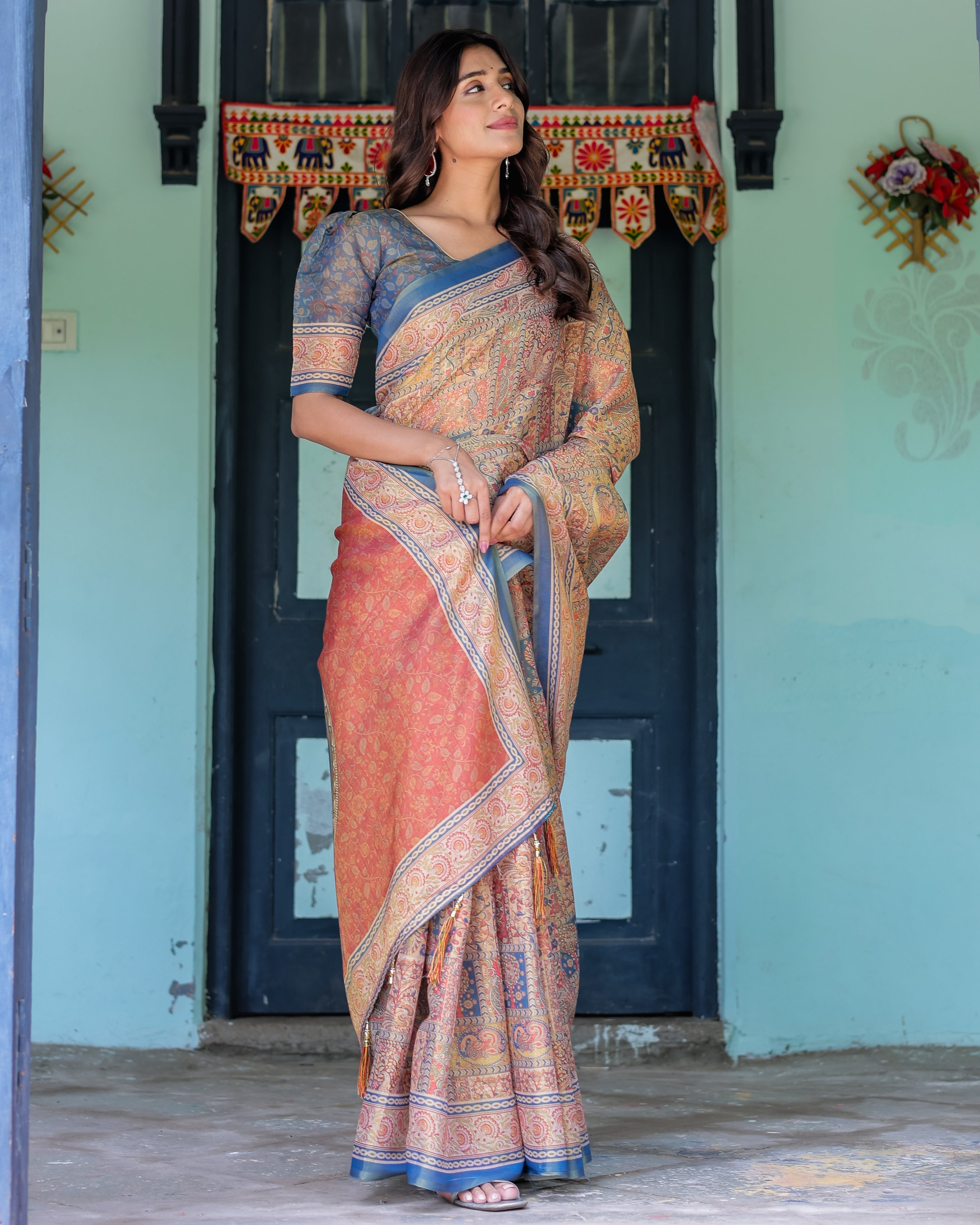 Rust & Blue Handloom Cotton Saree with Classical Dancer Motif and Patchwork Digital Print