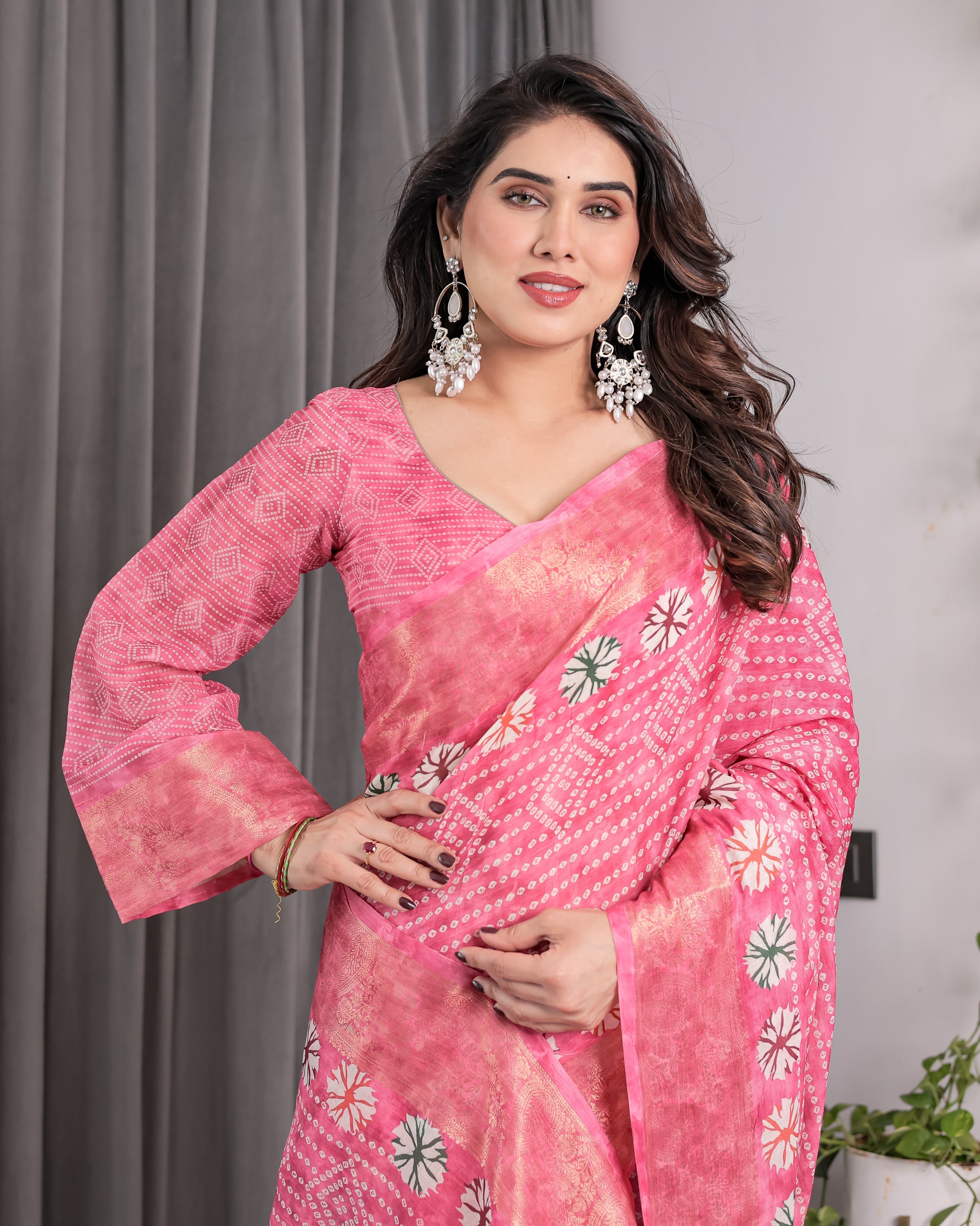 Rose Pink Bandhani-Inspired Handloom Linen Saree with White Floral Dots & Zari Border | 5.5m Saree + 0.8m Attached Blouse with Tassels