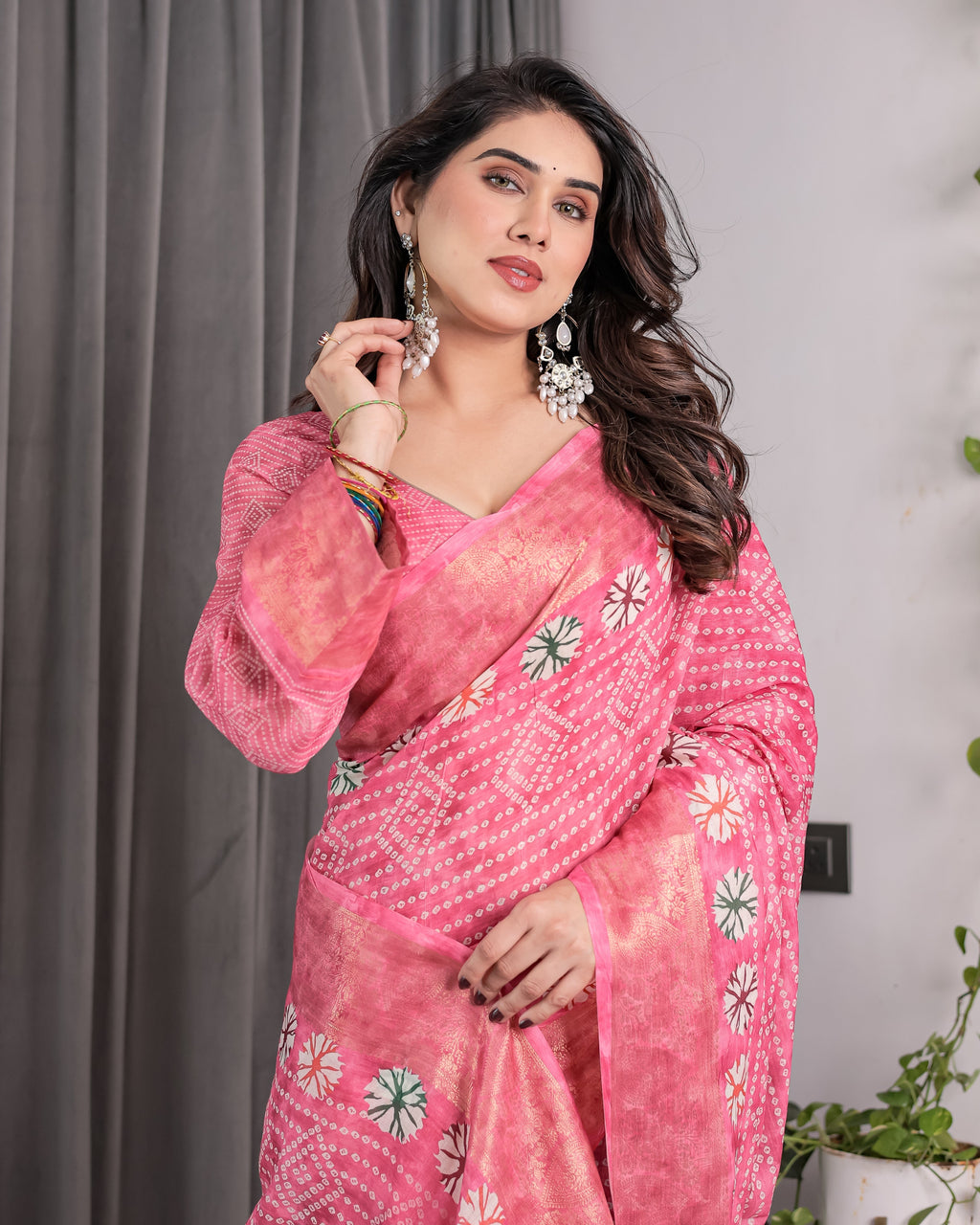 Rose Pink Bandhani-Inspired Handloom Linen Saree with White Floral Dots & Zari Border | 5.5m Saree + 0.8m Attached Blouse with Tassels