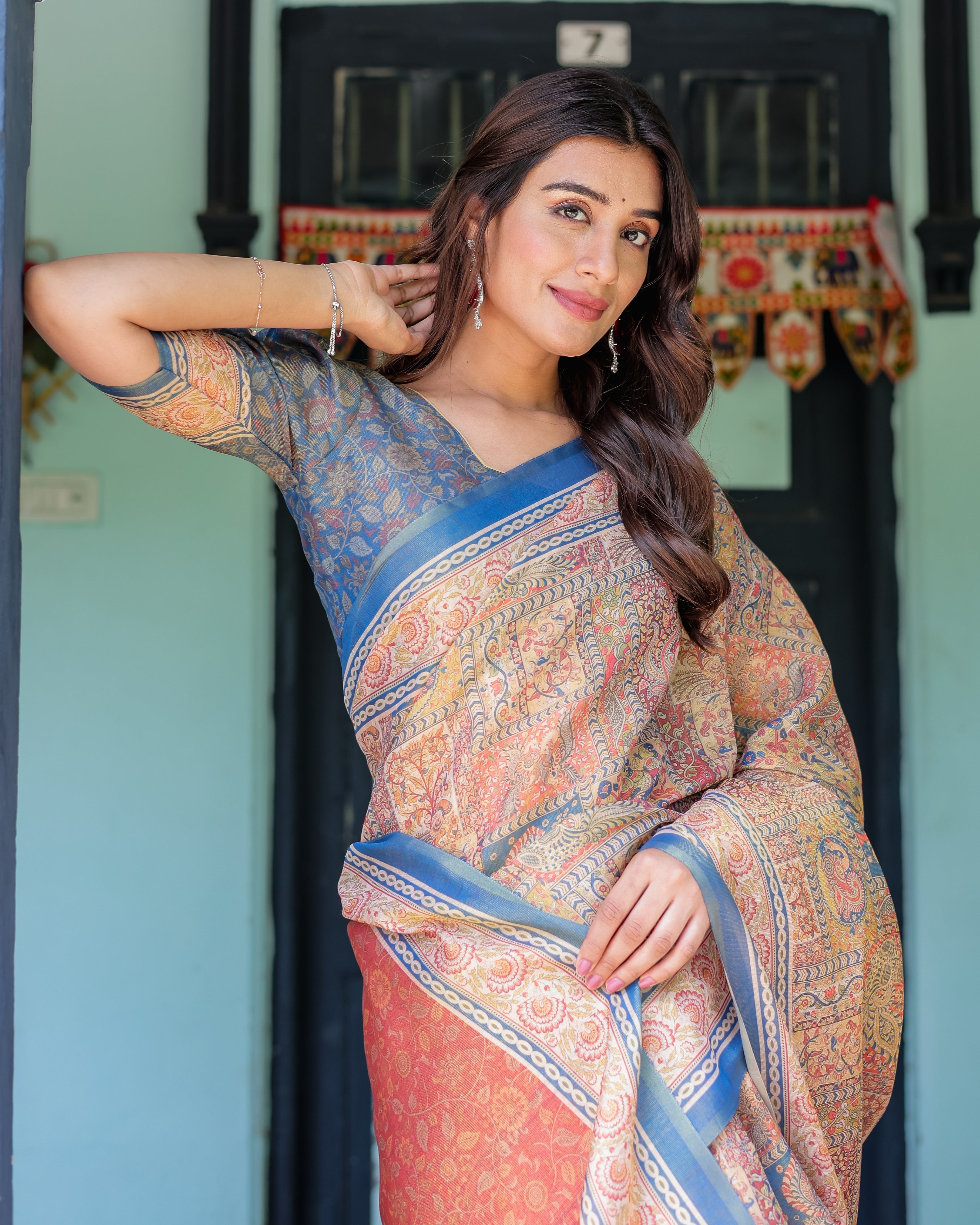 Rust & Blue Handloom Cotton Saree with Classical Dancer Motif and Patchwork Digital Print