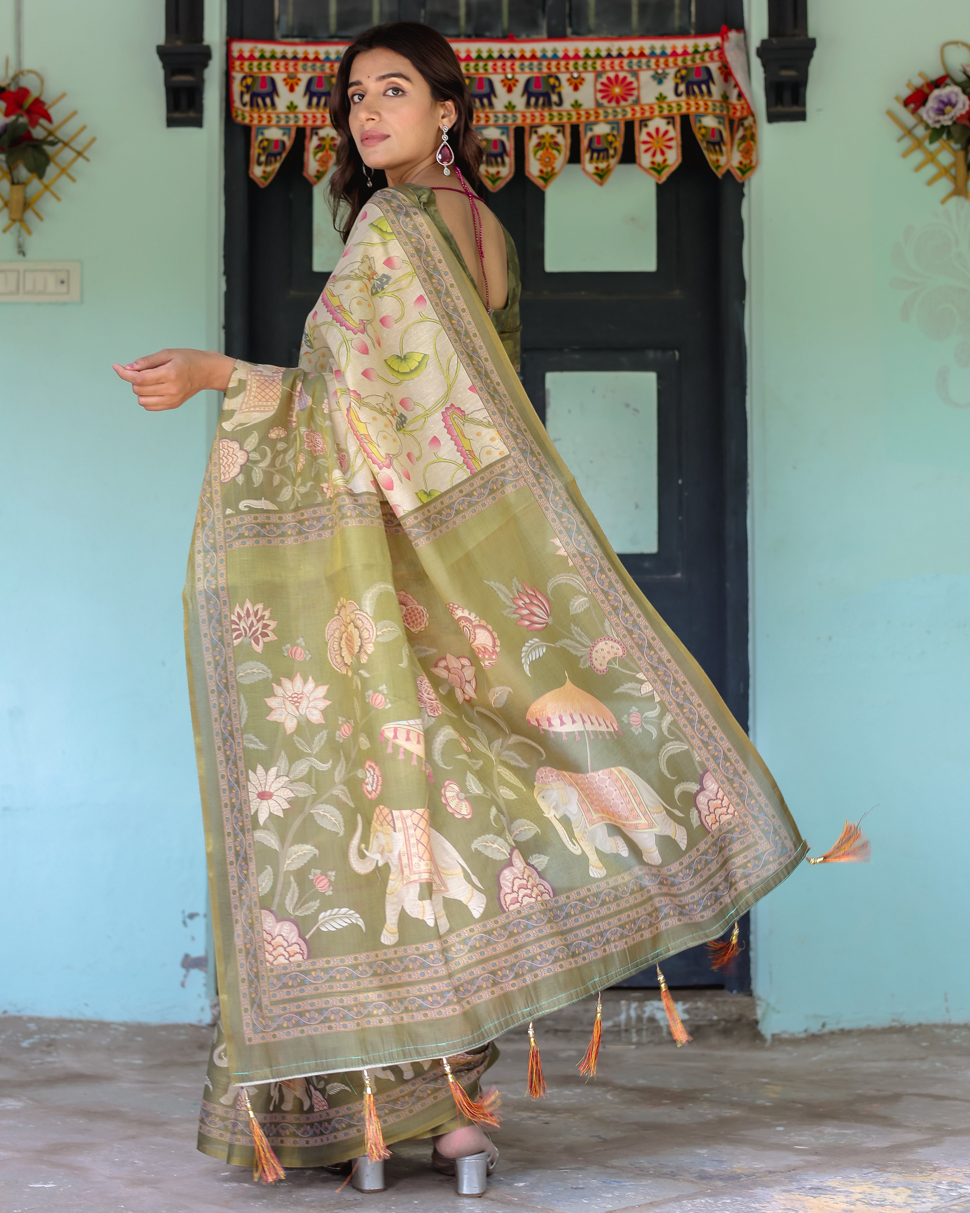 Olive Green & Ivory Handloom Cotton Saree with Lotus Blooms and Royal Elephant Motifs