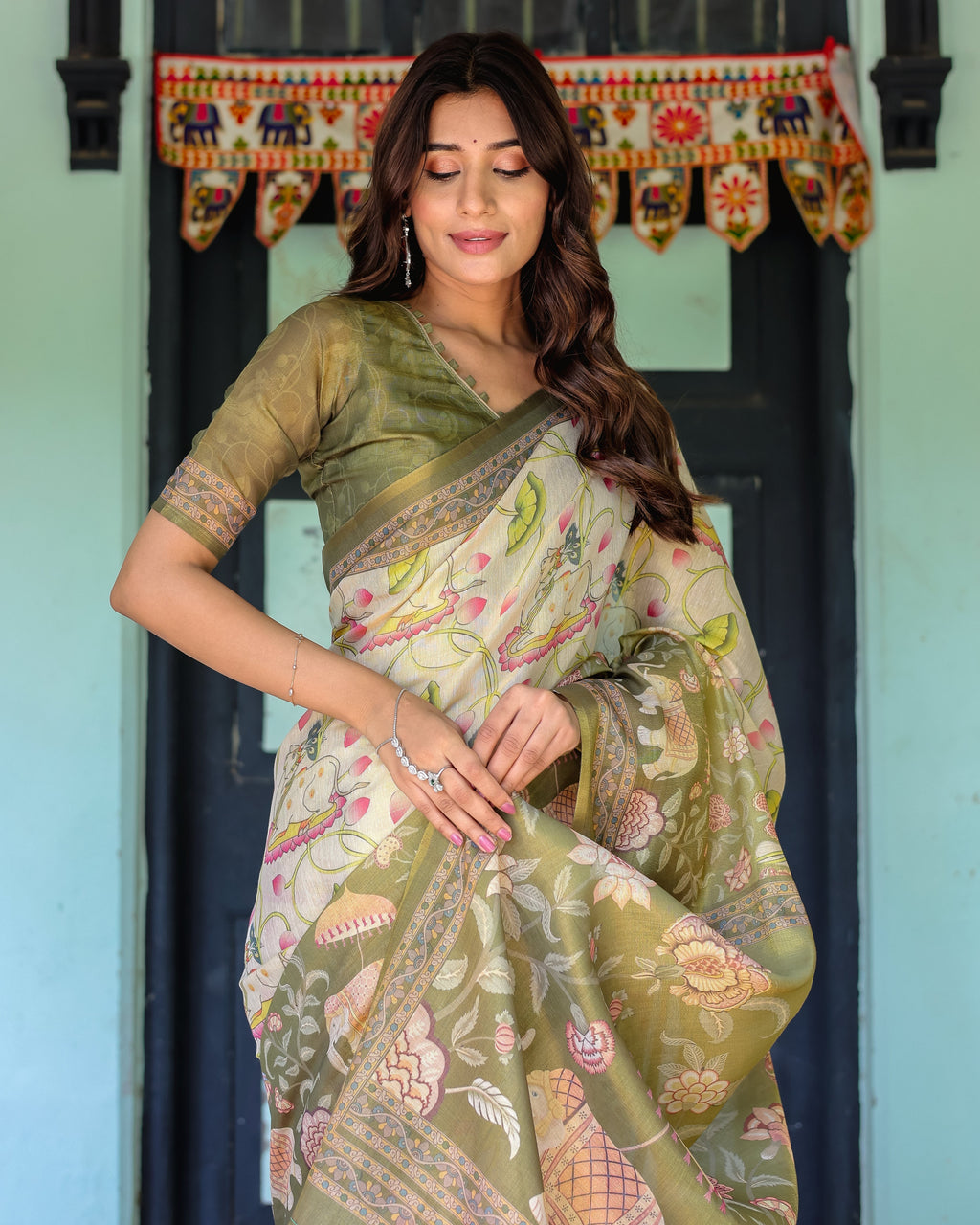 Olive Green & Ivory Handloom Cotton Saree with Lotus Blooms and Royal Elephant Motifs