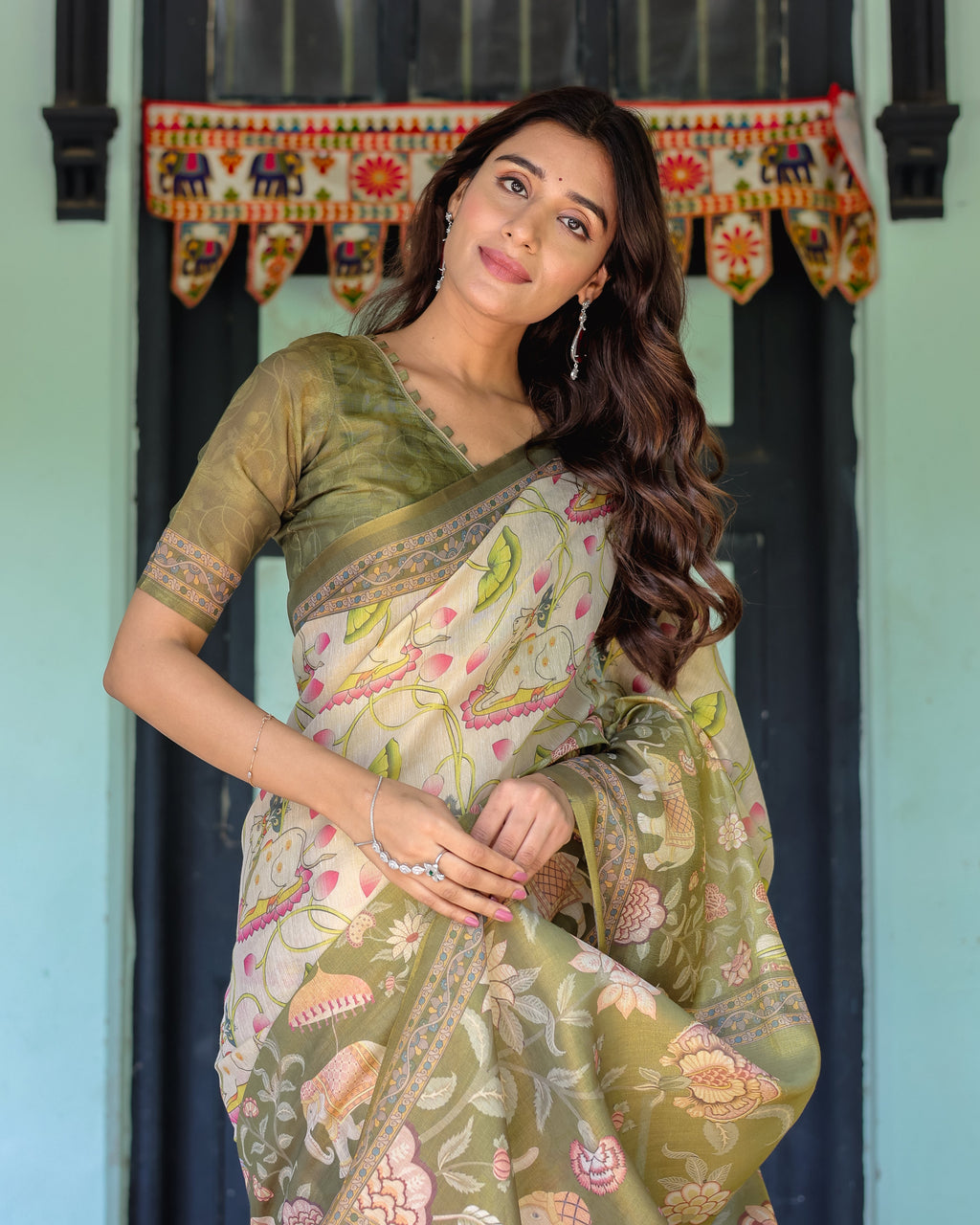 Olive Green & Ivory Handloom Cotton Saree with Lotus Blooms and Royal Elephant Motifs