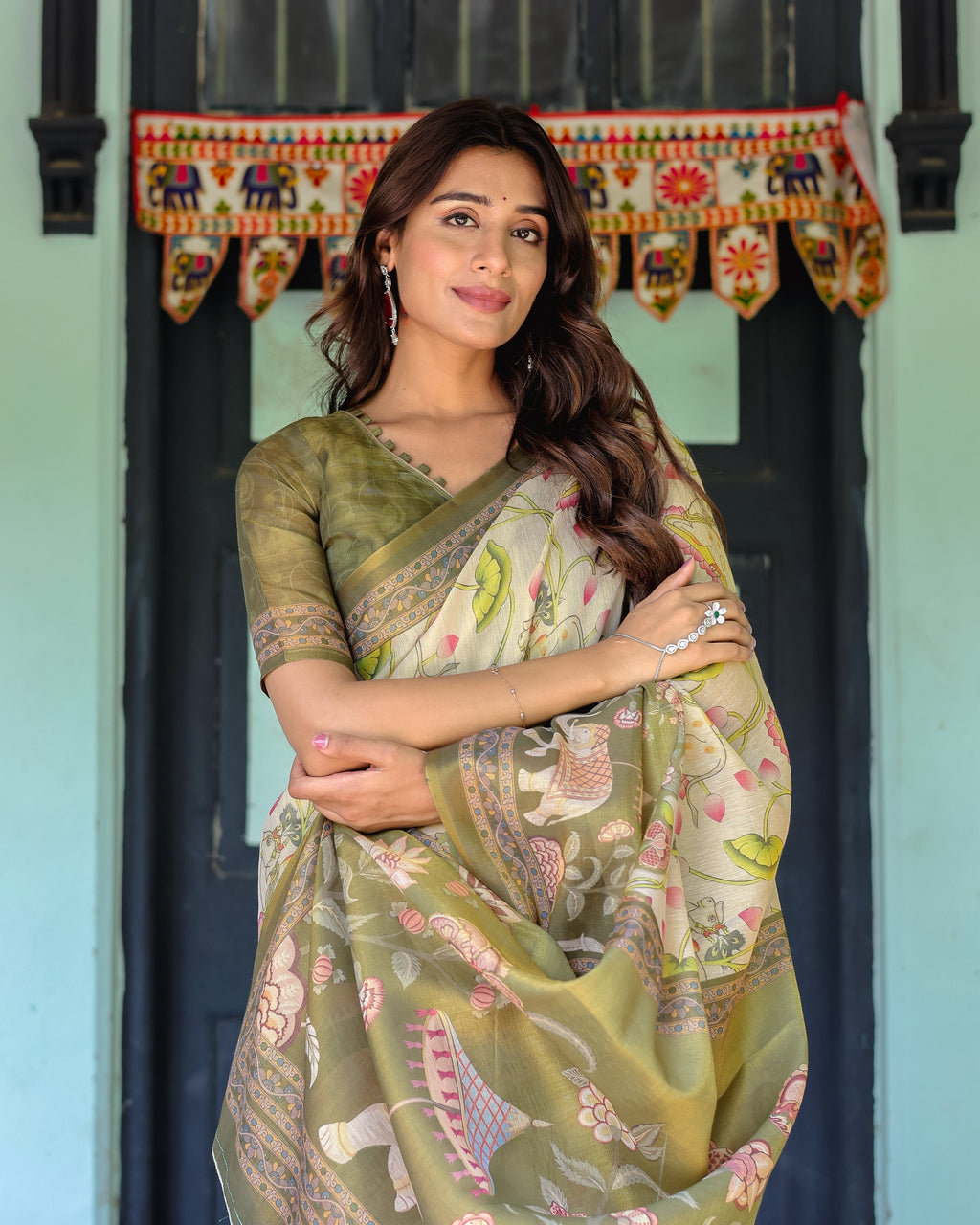 Olive Green & Ivory Handloom Cotton Saree with Lotus Blooms and Royal Elephant Motifs