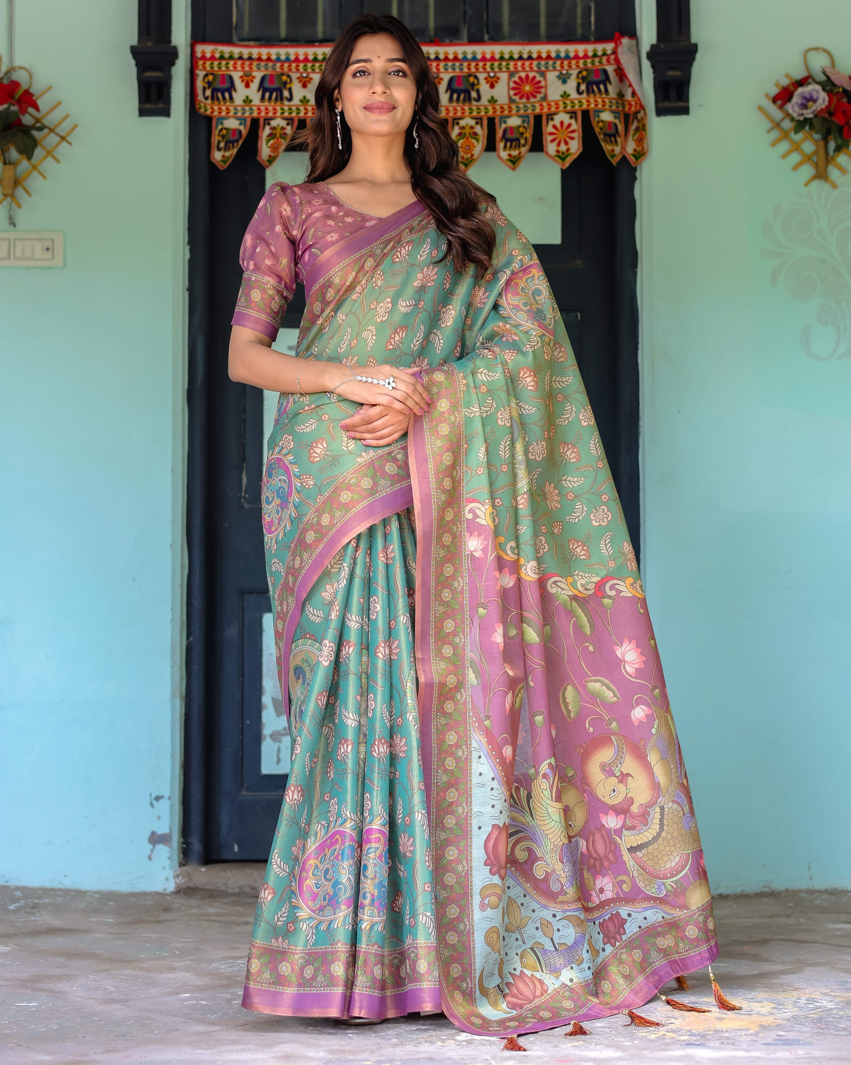 Aqua Green & Lilac Handloom Cotton Saree with Floral Vine Print & Majestic Bird Pallu