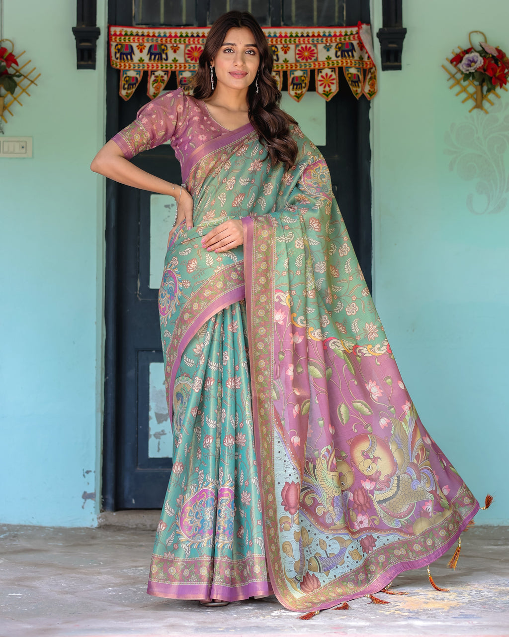 Aqua Green & Lilac Handloom Cotton Saree with Floral Vine Print & Majestic Bird Pallu