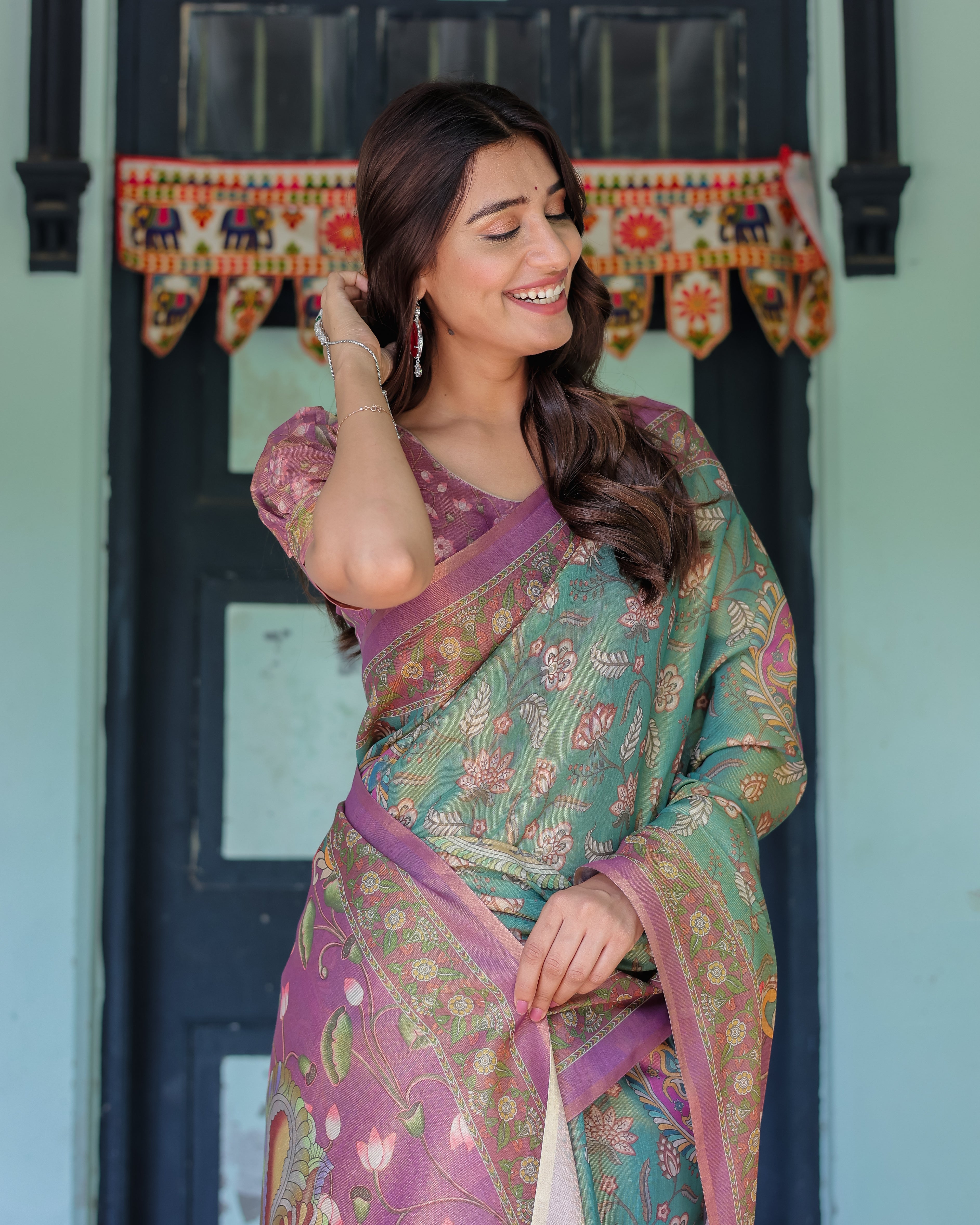 Aqua Green & Lilac Handloom Cotton Saree with Floral Vine Print & Majestic Bird Pallu