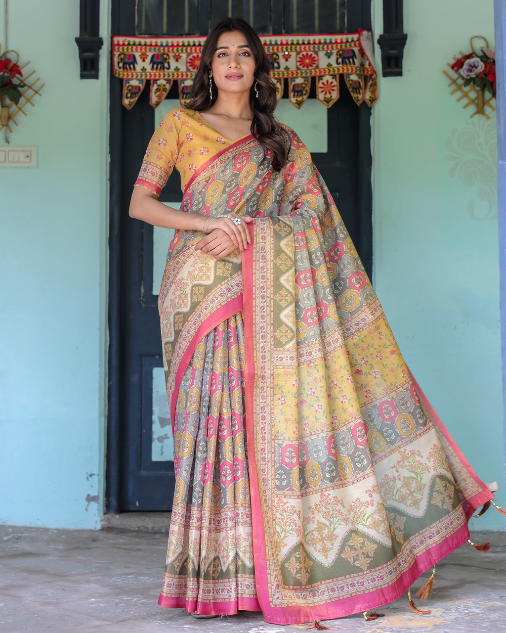 Multicolor Buti & Floral Panel Handloom Cotton Saree with Pink-Green Pallu Art