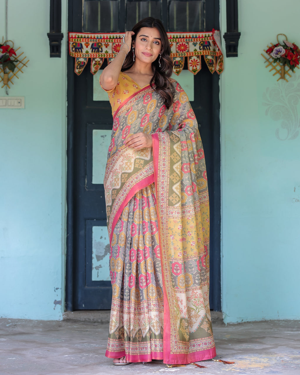 Multicolor Buti & Floral Panel Handloom Cotton Saree with Pink-Green Pallu Art
