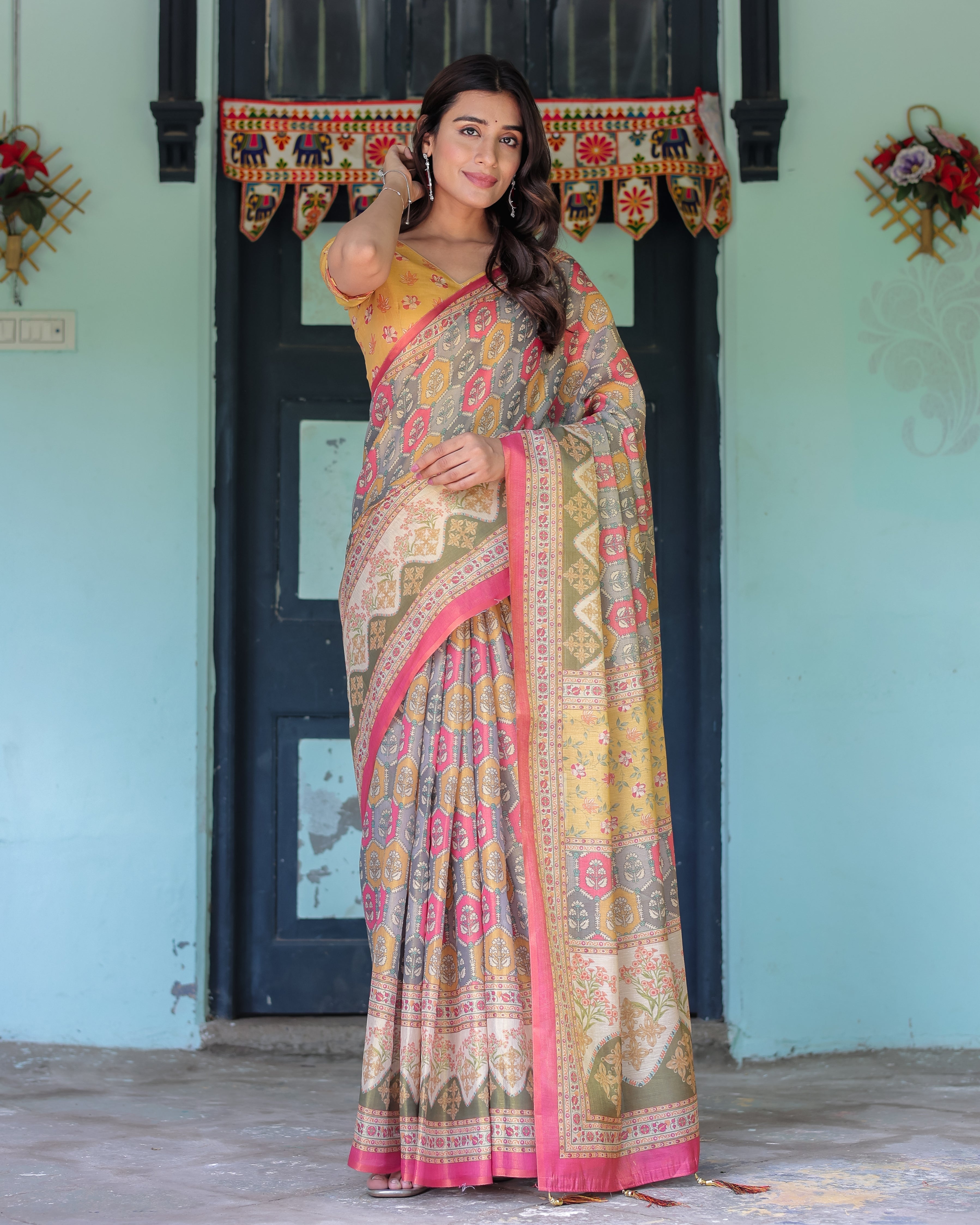 Multicolor Buti & Floral Panel Handloom Cotton Saree with Pink-Green Pallu Art