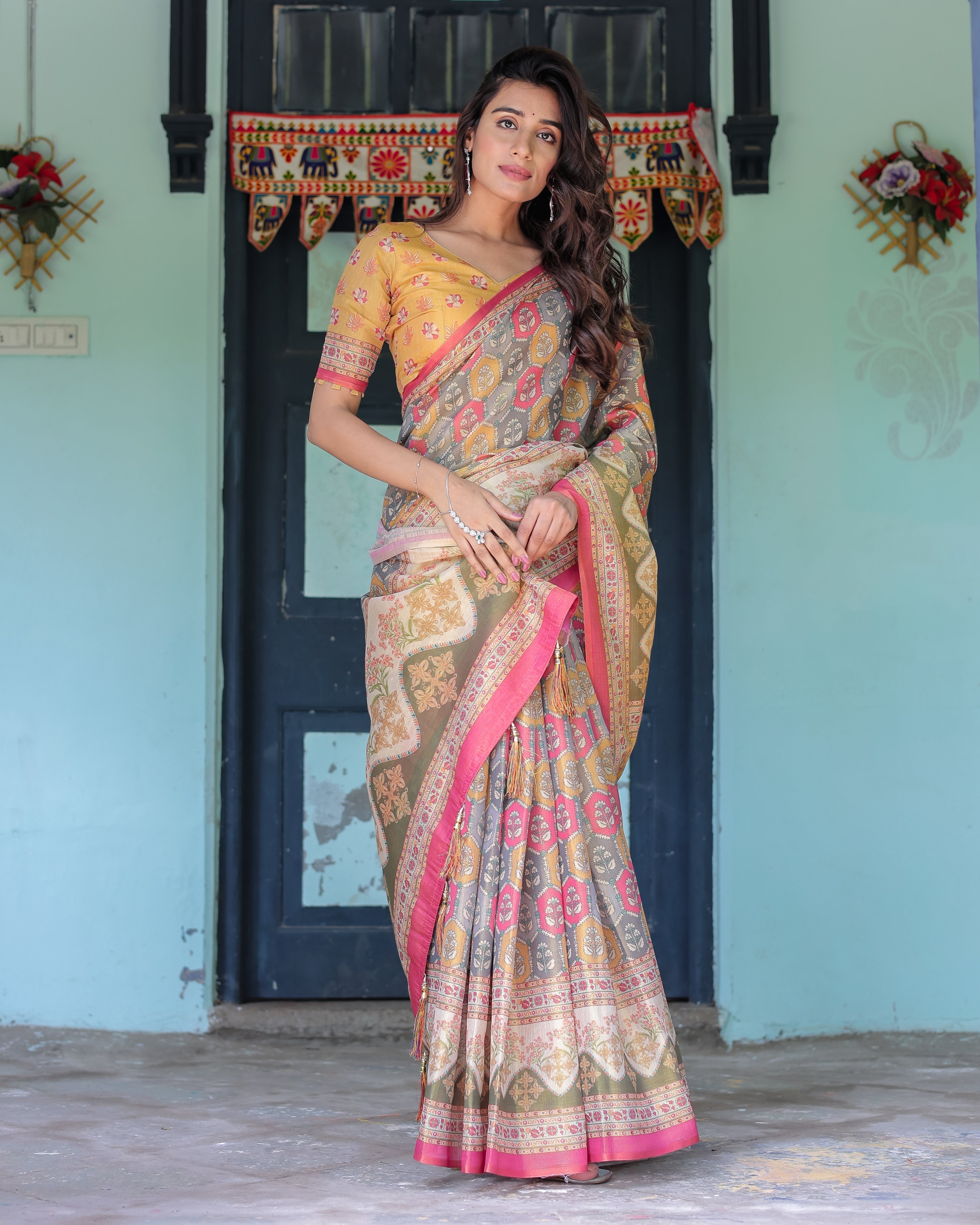 Multicolor Buti & Floral Panel Handloom Cotton Saree with Pink-Green Pallu Art