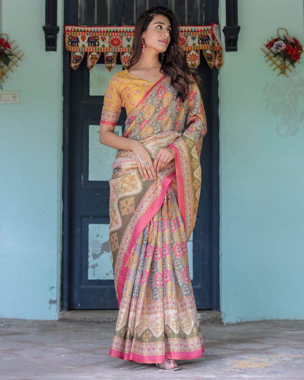 Multicolor Buti & Floral Panel Handloom Cotton Saree with Pink-Green Pallu Art