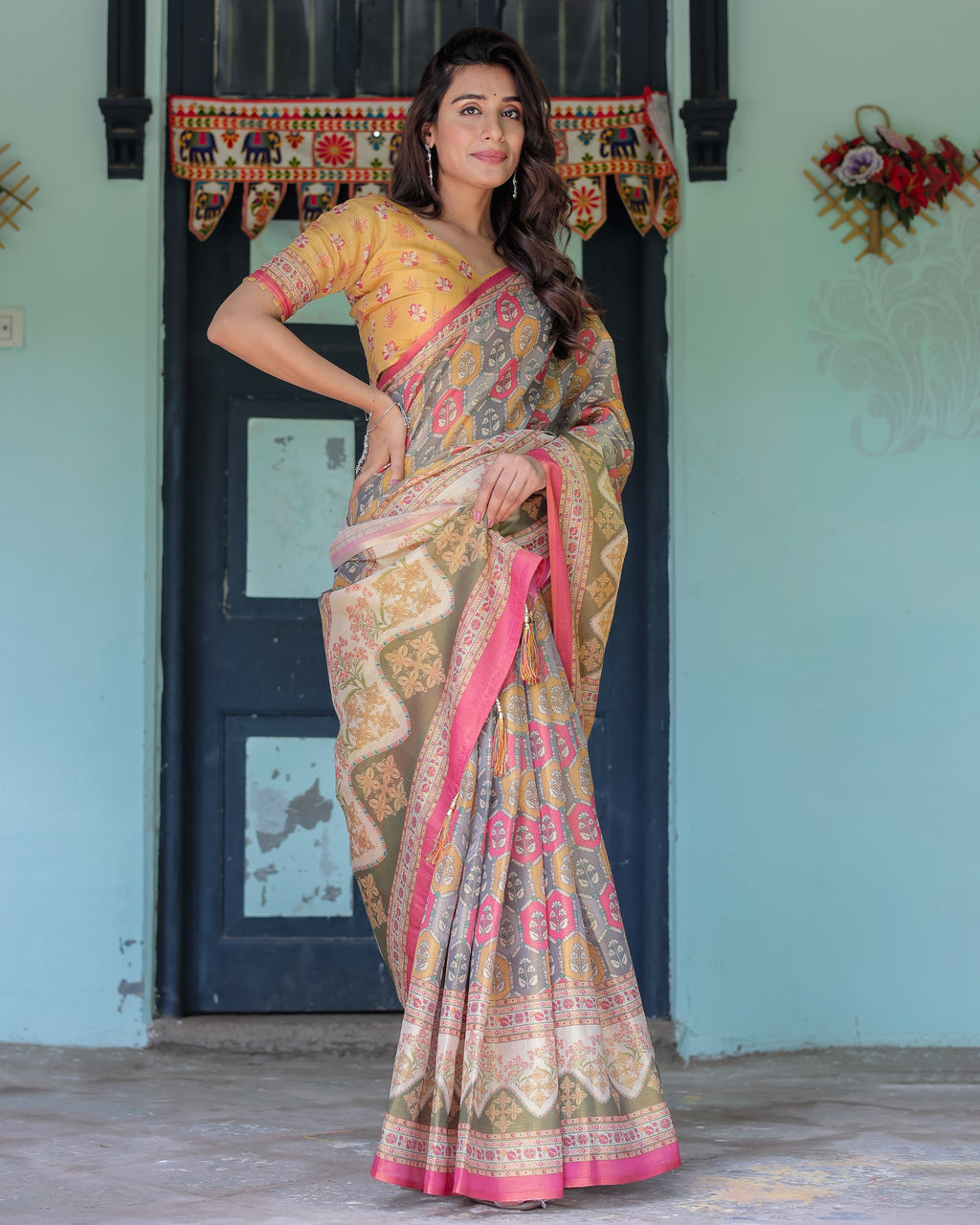 Multicolor Buti & Floral Panel Handloom Cotton Saree with Pink-Green Pallu Art