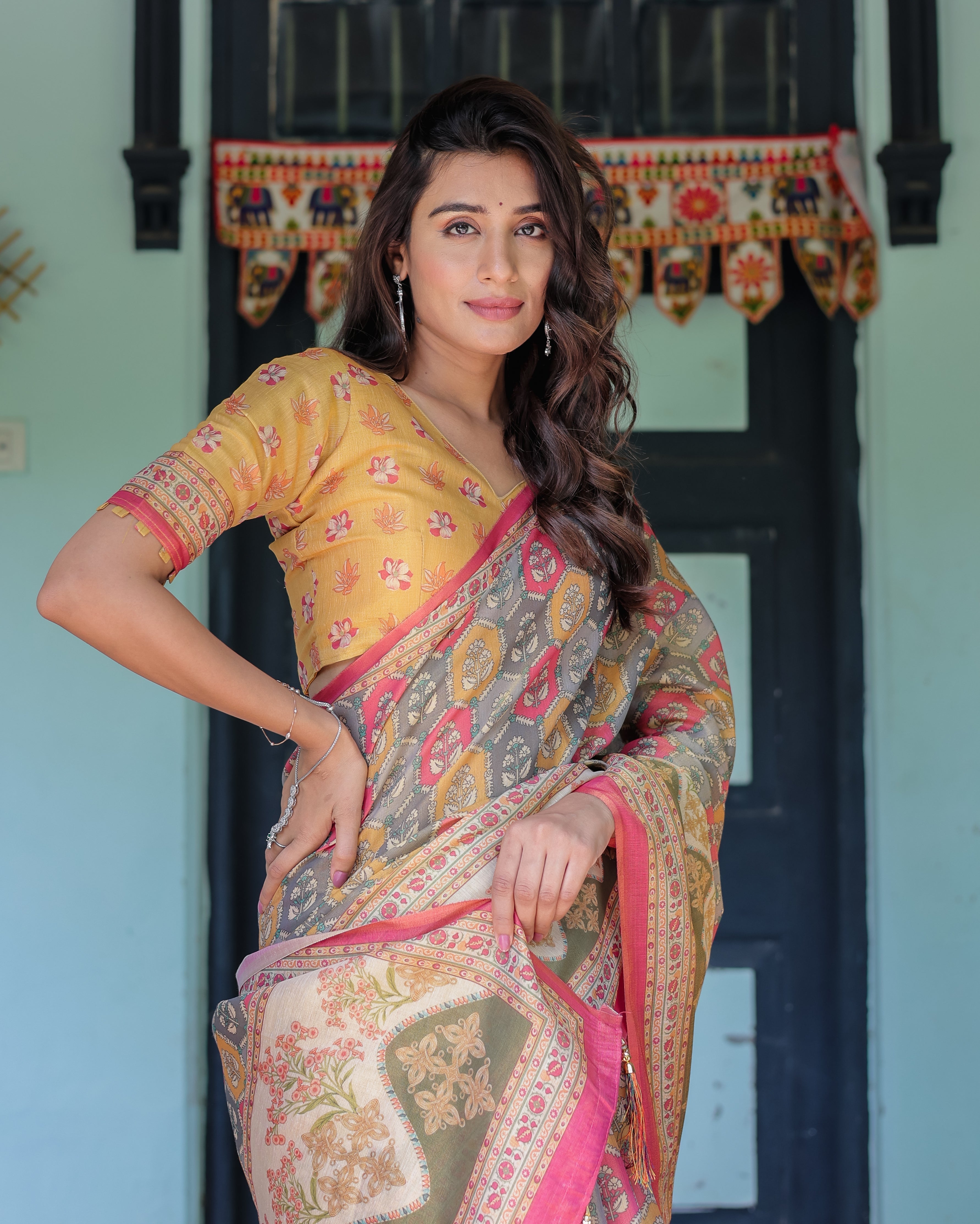 Multicolor Buti & Floral Panel Handloom Cotton Saree with Pink-Green Pallu Art