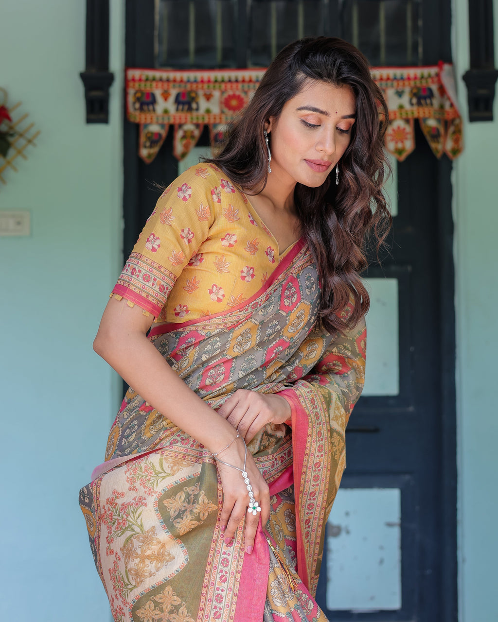 Multicolor Buti & Floral Panel Handloom Cotton Saree with Pink-Green Pallu Art