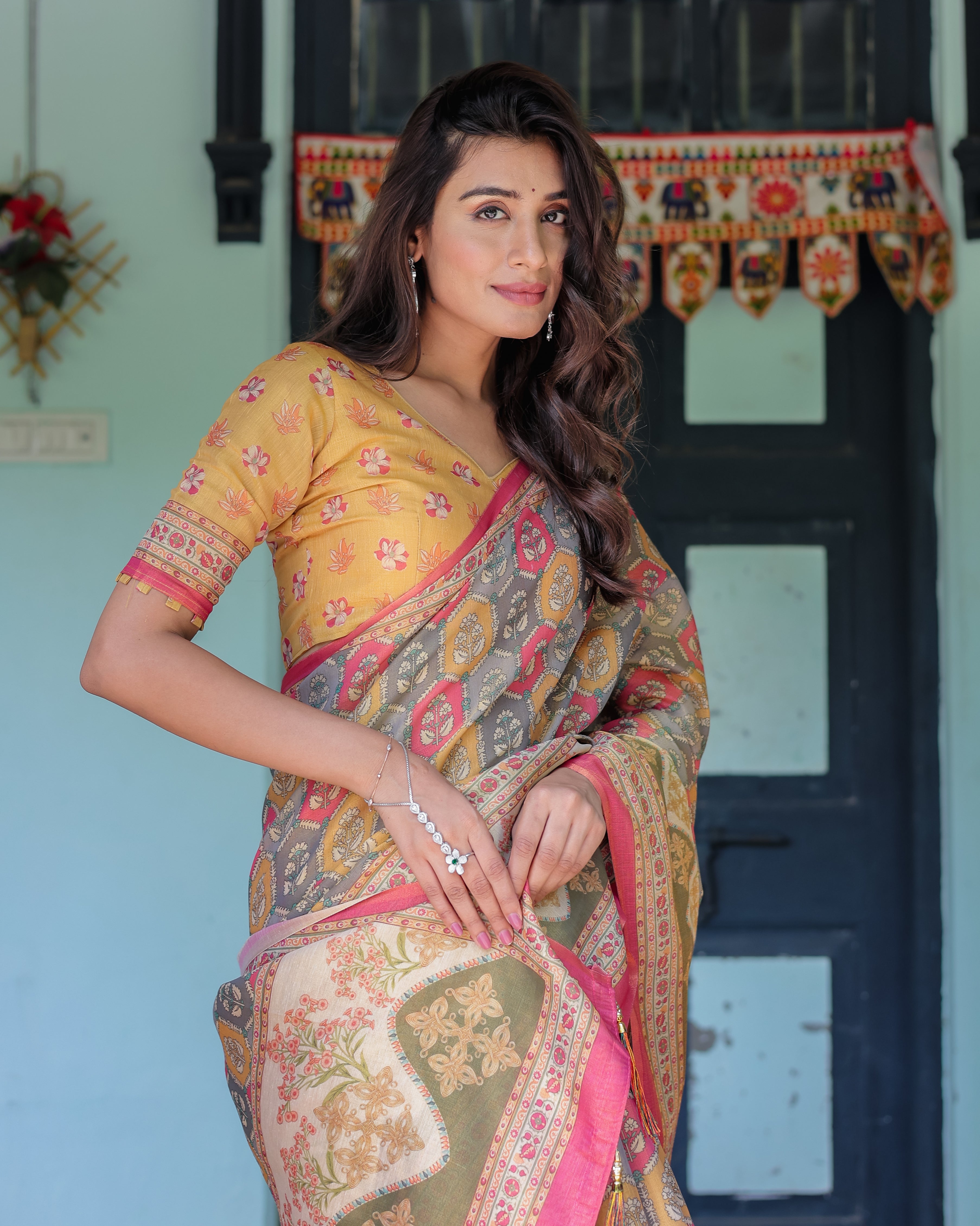 Multicolor Buti & Floral Panel Handloom Cotton Saree with Pink-Green Pallu Art