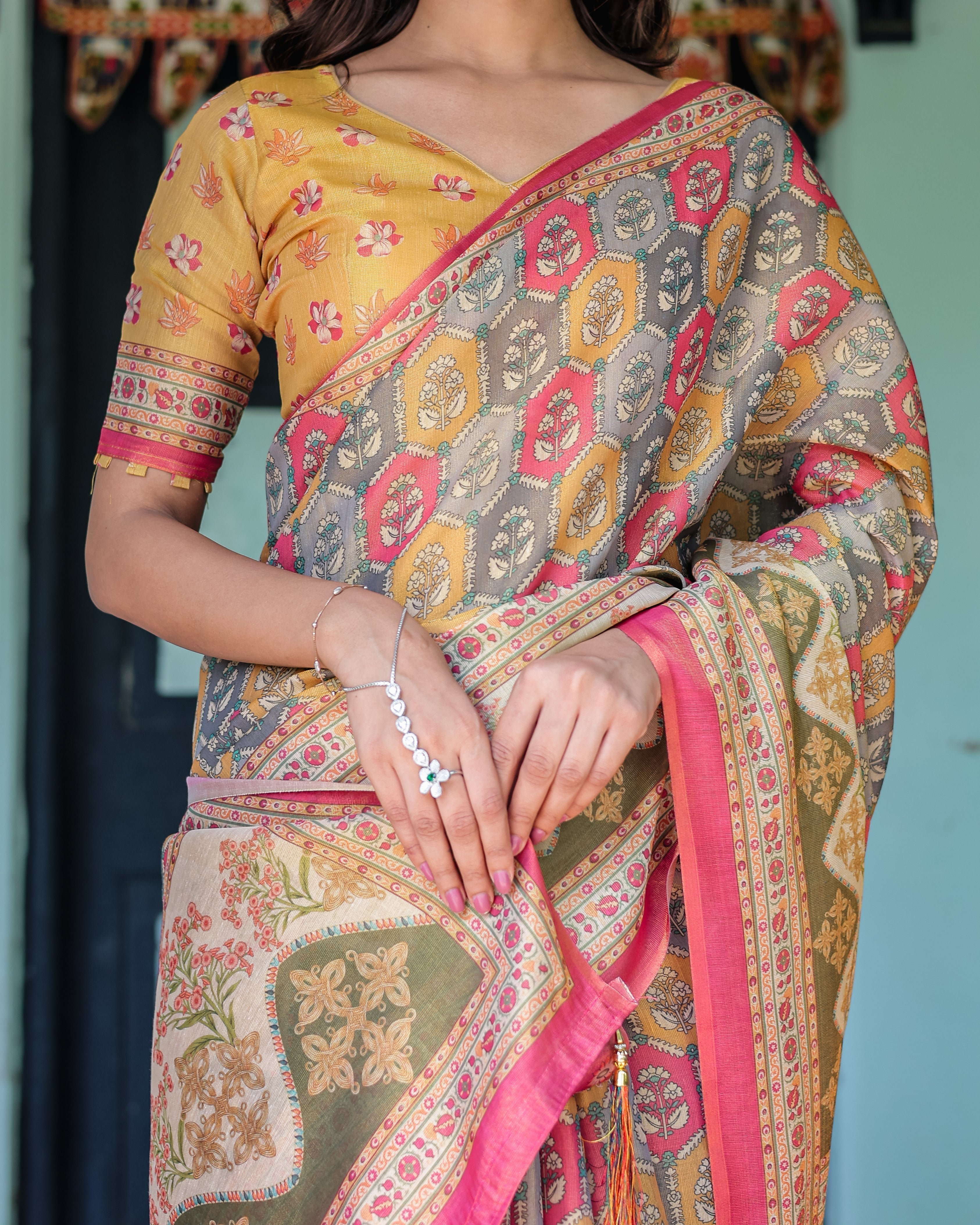 Multicolor Buti & Floral Panel Handloom Cotton Saree with Pink-Green Pallu Art