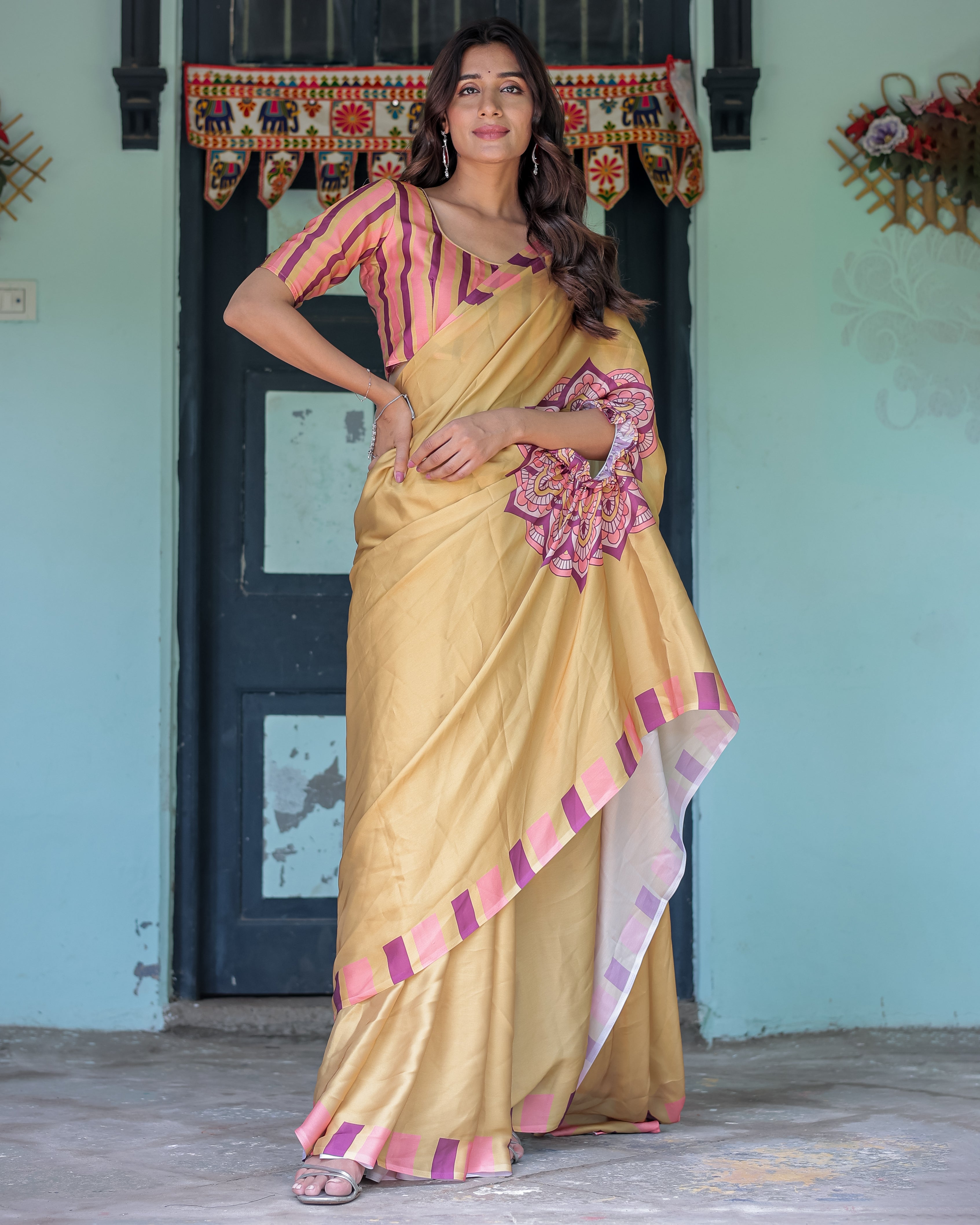 Golden Beige Freehand Designer Saree with Pink Mandala Motif & Striped Blouse | Satin Georgette | Handsfree Pallu