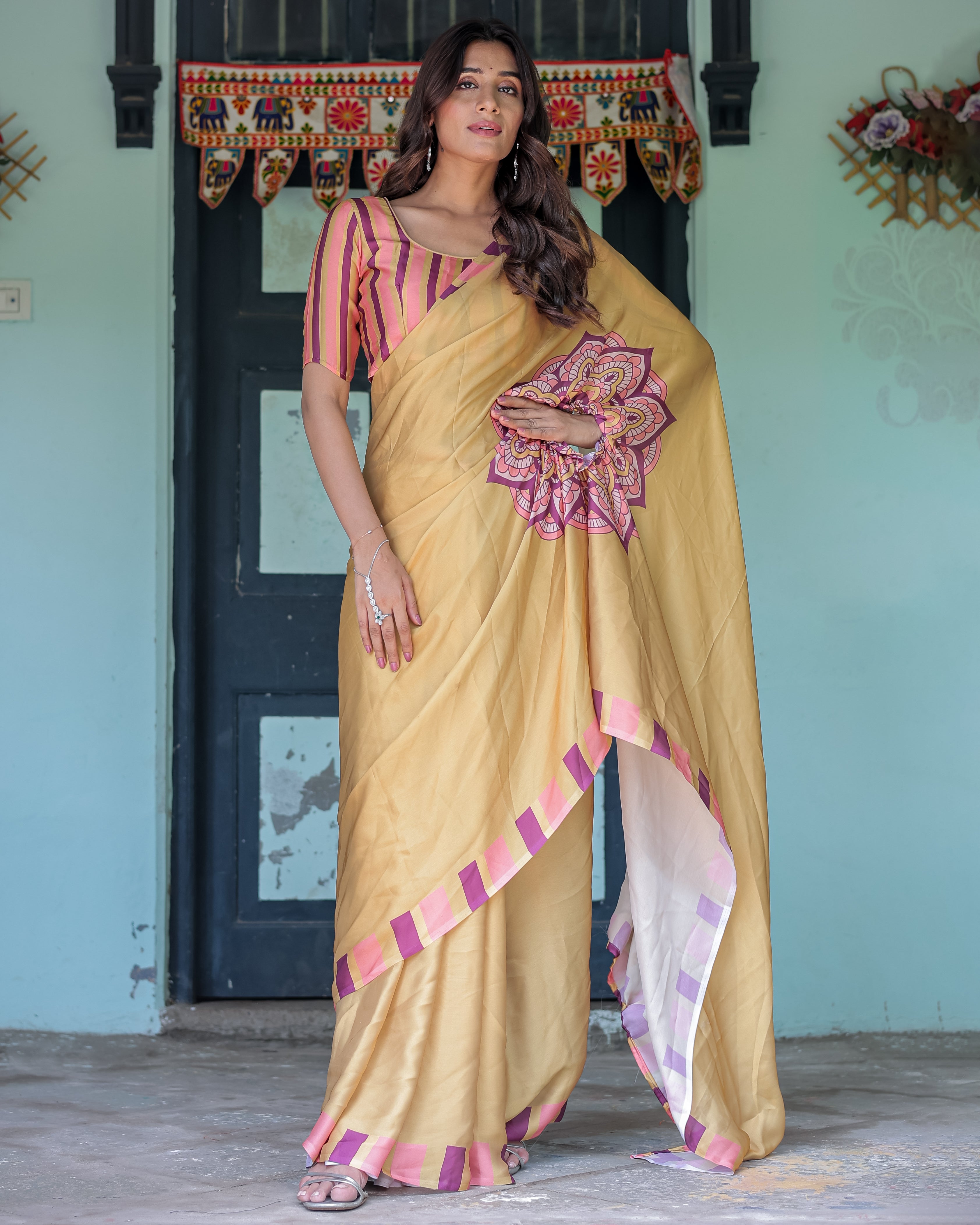 Golden Beige Freehand Designer Saree with Pink Mandala Motif & Striped Blouse | Satin Georgette | Handsfree Pallu