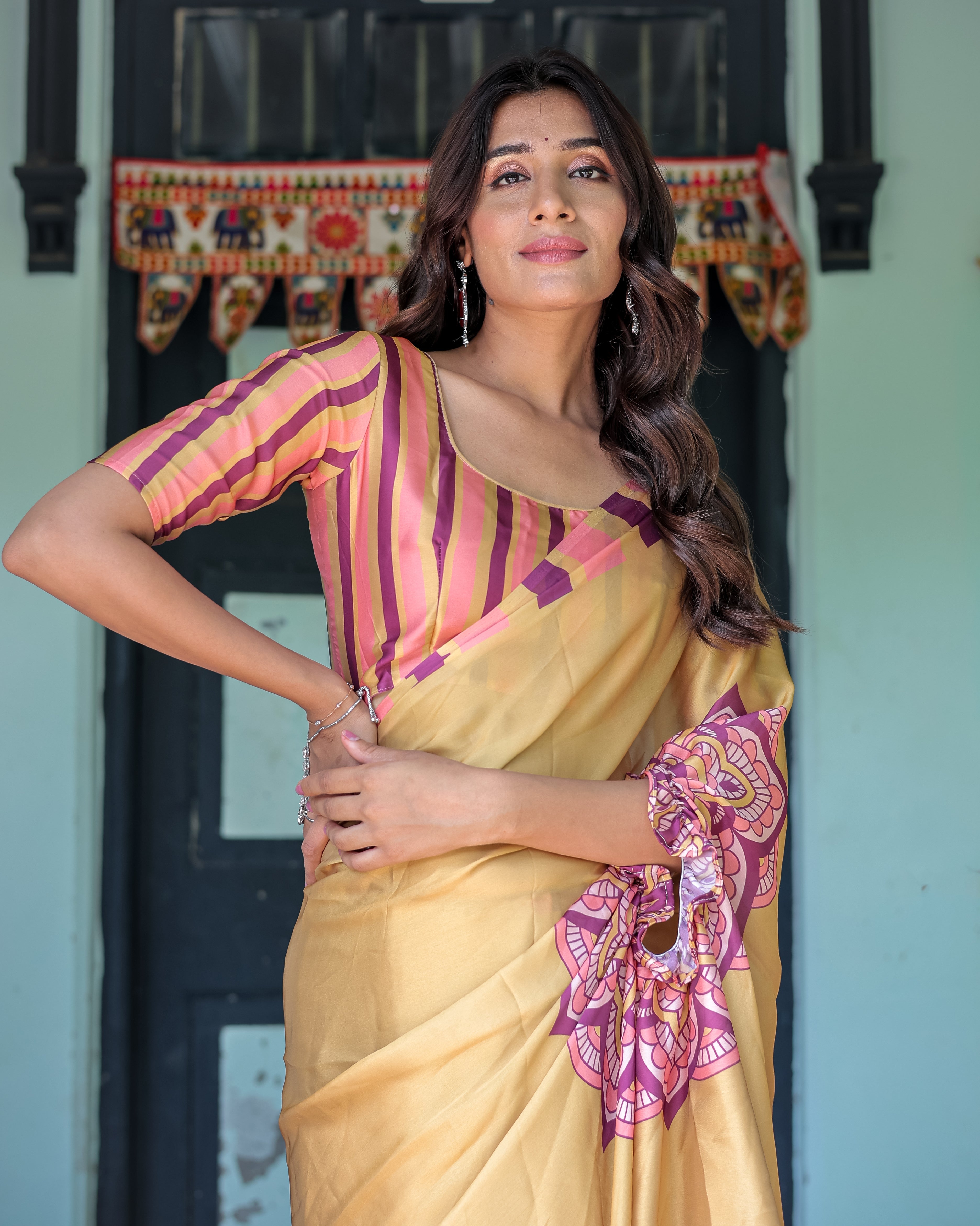 Golden Beige Freehand Designer Saree with Pink Mandala Motif & Striped Blouse | Satin Georgette | Handsfree Pallu