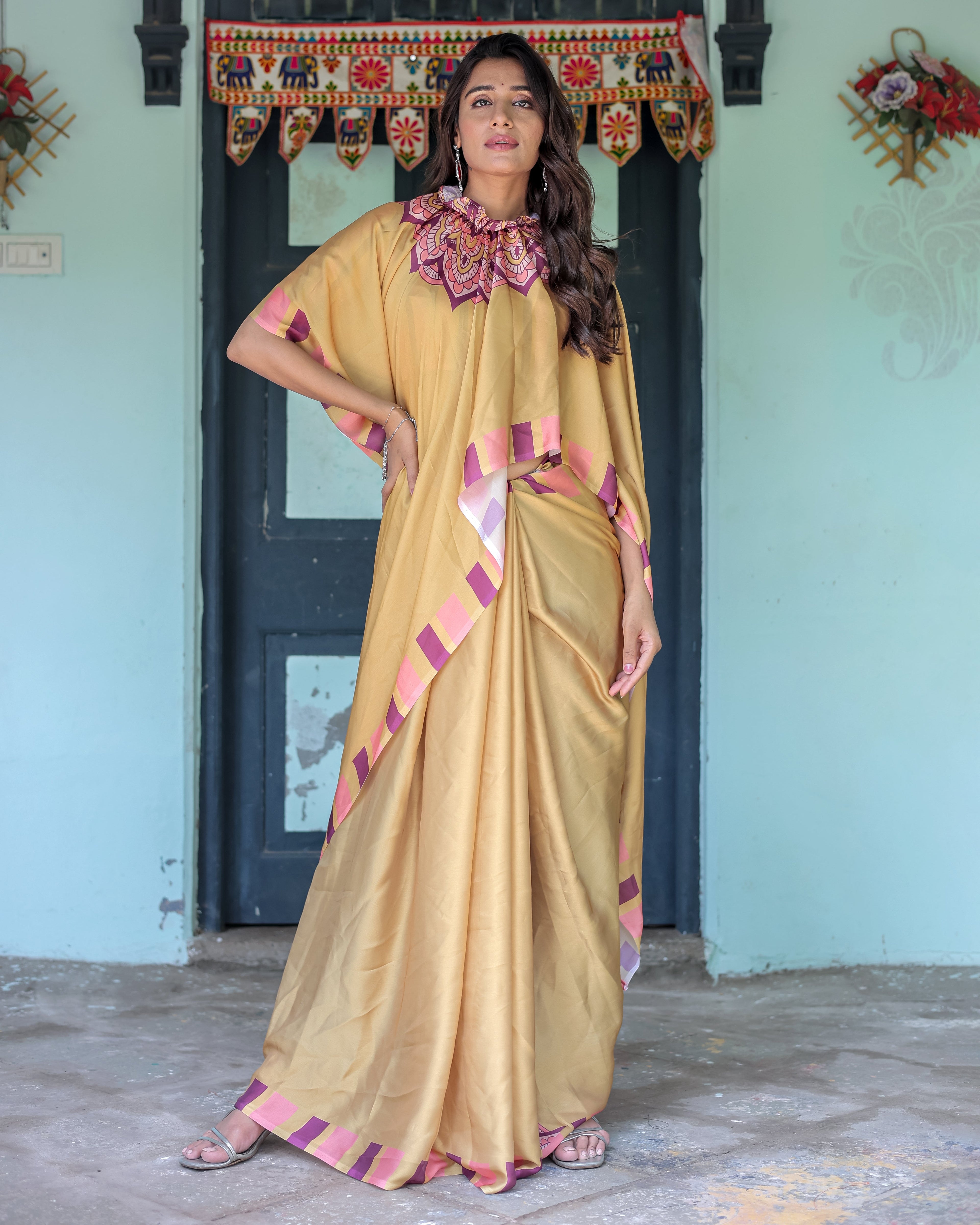 Golden Beige Freehand Designer Saree with Pink Mandala Motif & Striped Blouse | Satin Georgette | Handsfree Pallu