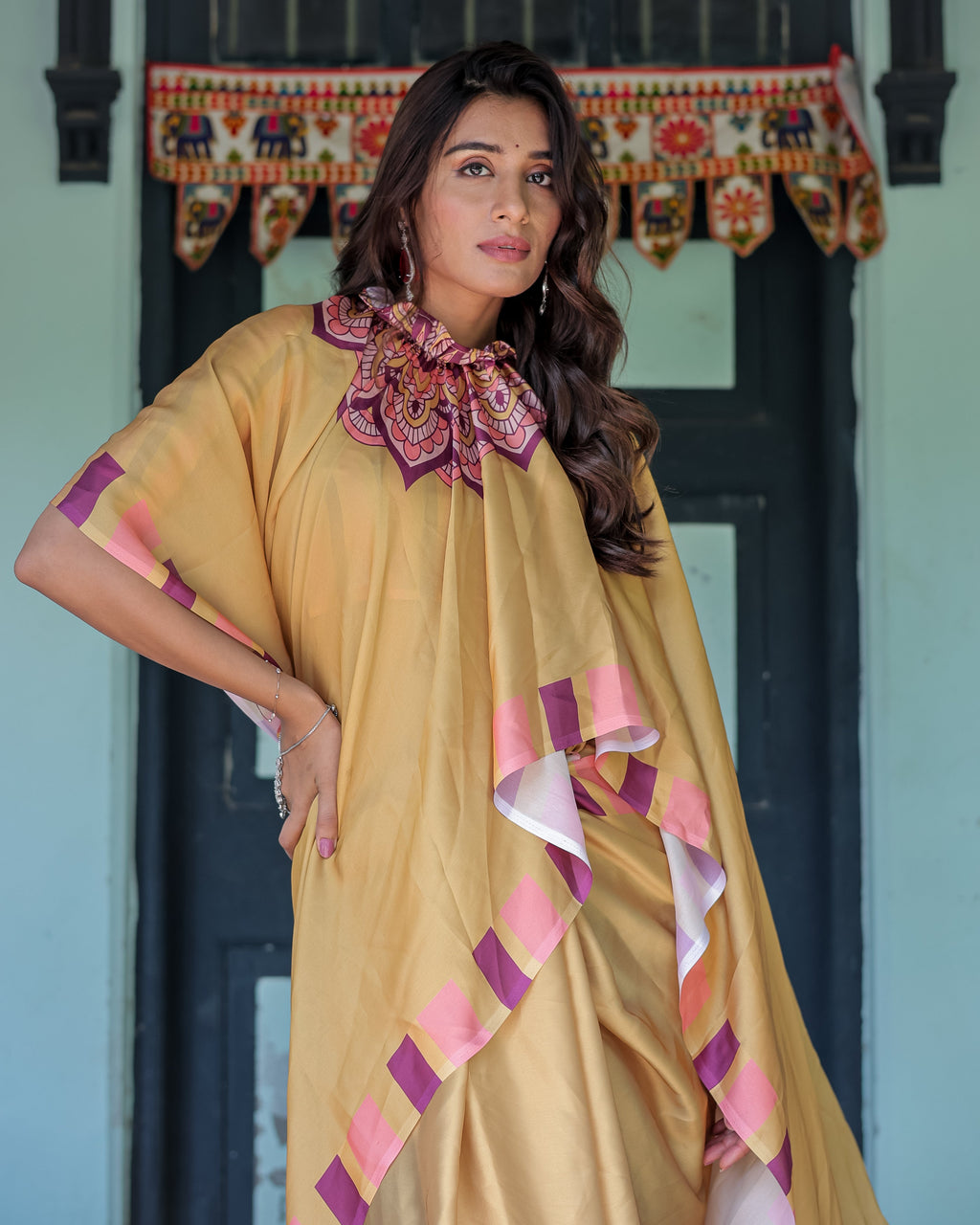 Golden Beige Freehand Designer Saree with Pink Mandala Motif & Striped Blouse | Satin Georgette | Handsfree Pallu