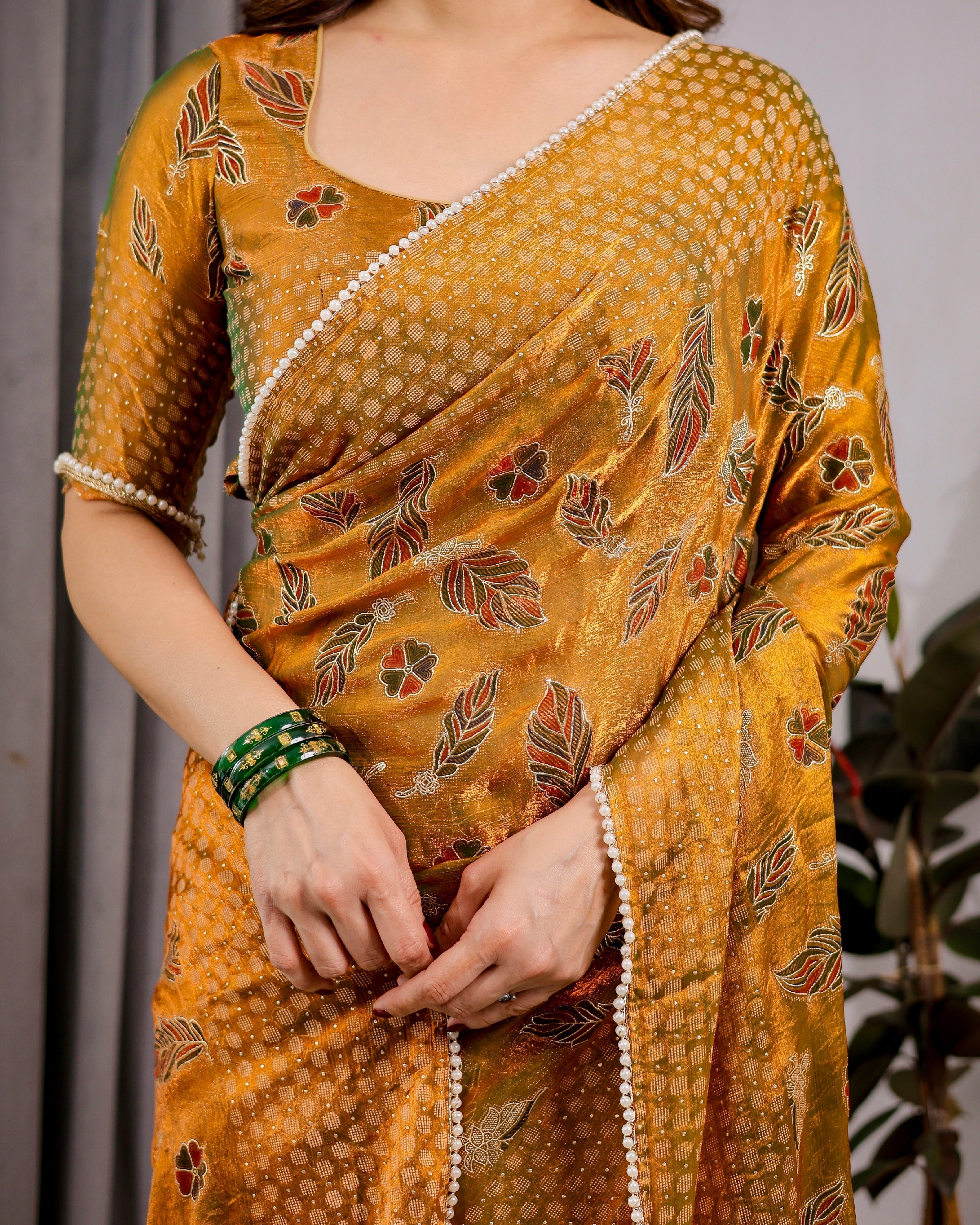 Mustard Yellow Fendy Chiffon Saree with Foil & Block Print, Tassels, and Attached Blouse