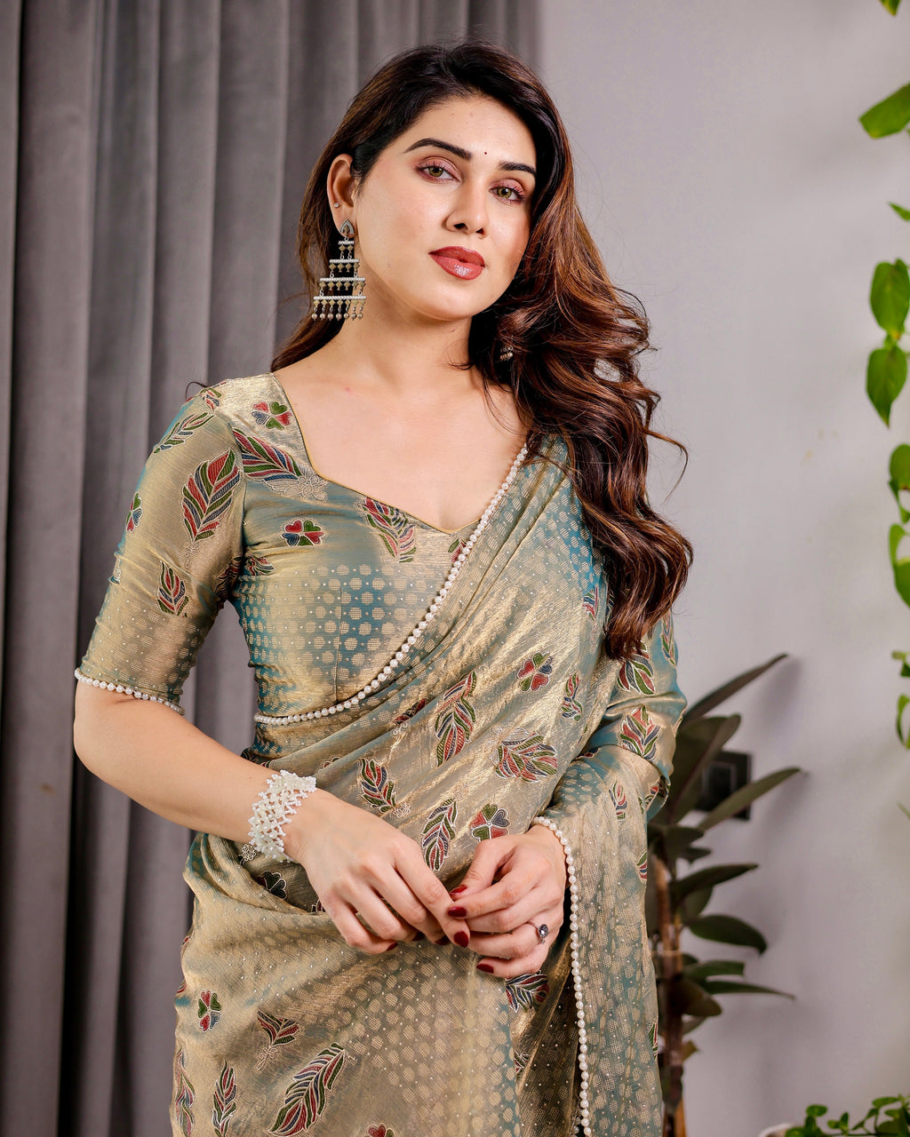 Pastel Green Fendy Chiffon Saree with Foil & Block Prints, Pearl Lace & Tassel Edges