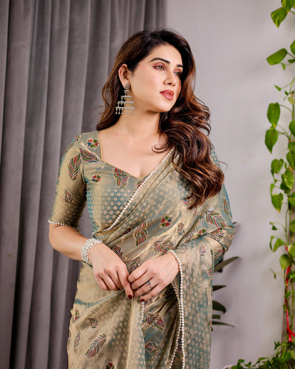 Pastel Green Fendy Chiffon Saree with Foil & Block Prints, Pearl Lace & Tassel Edges