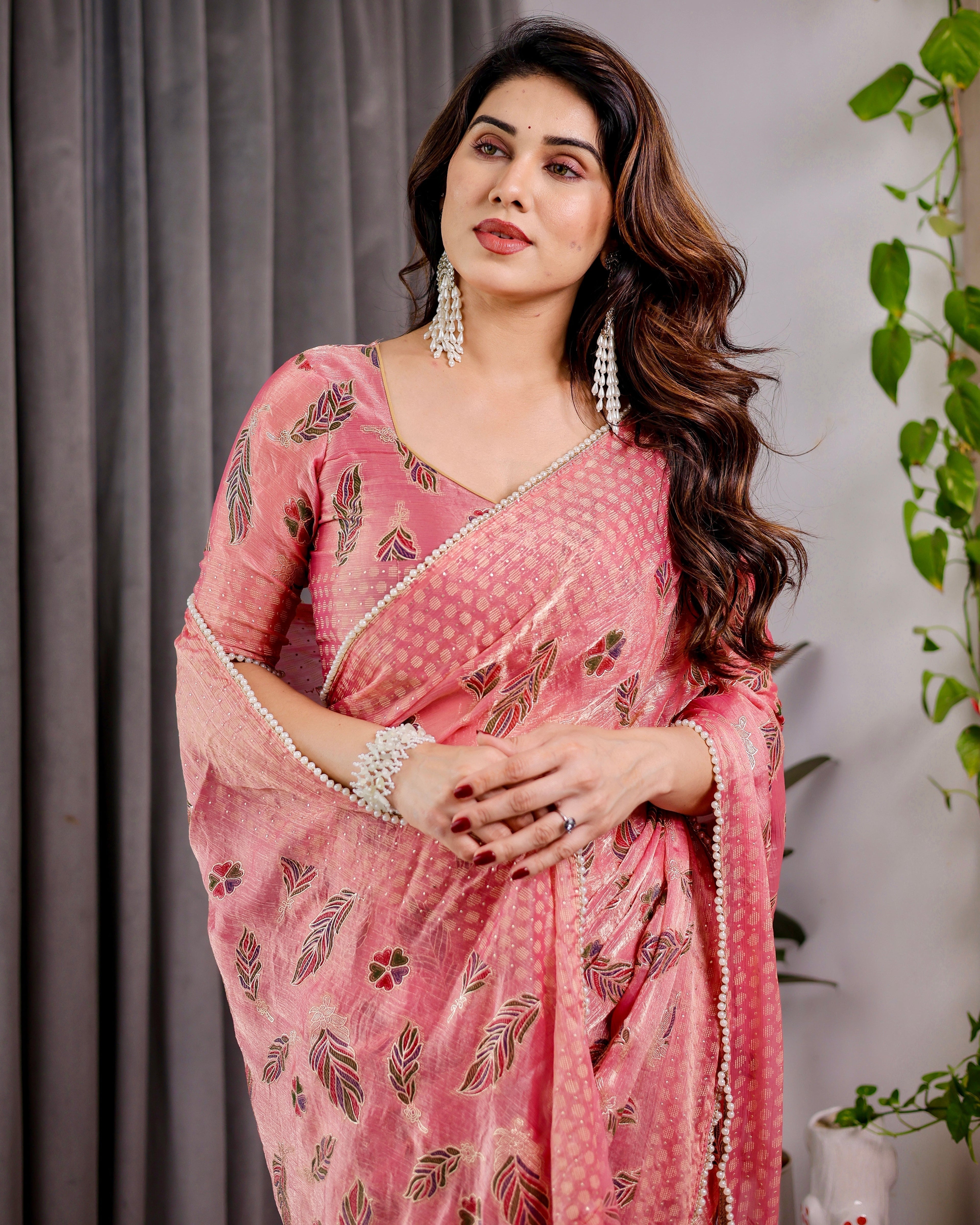 Blush Pink Fendy Chiffon Saree with Foil & Block Prints, Pearl Lace Border & Tassels