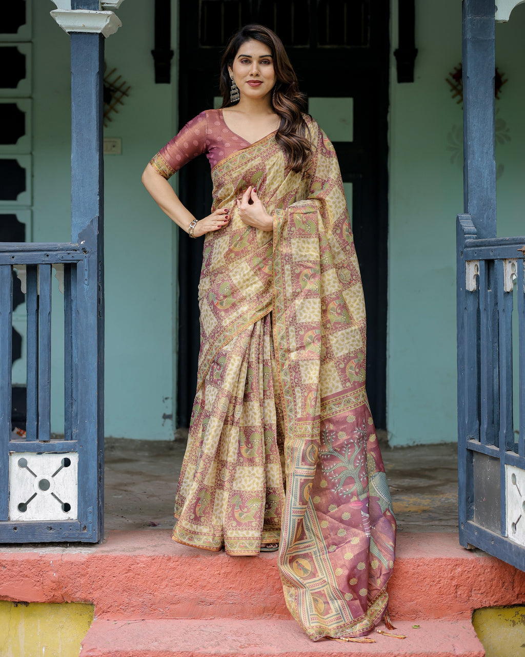 Cream & Maroon Handloom Cotton Saree with Deer Pallu and Blocked Peacock Motifs