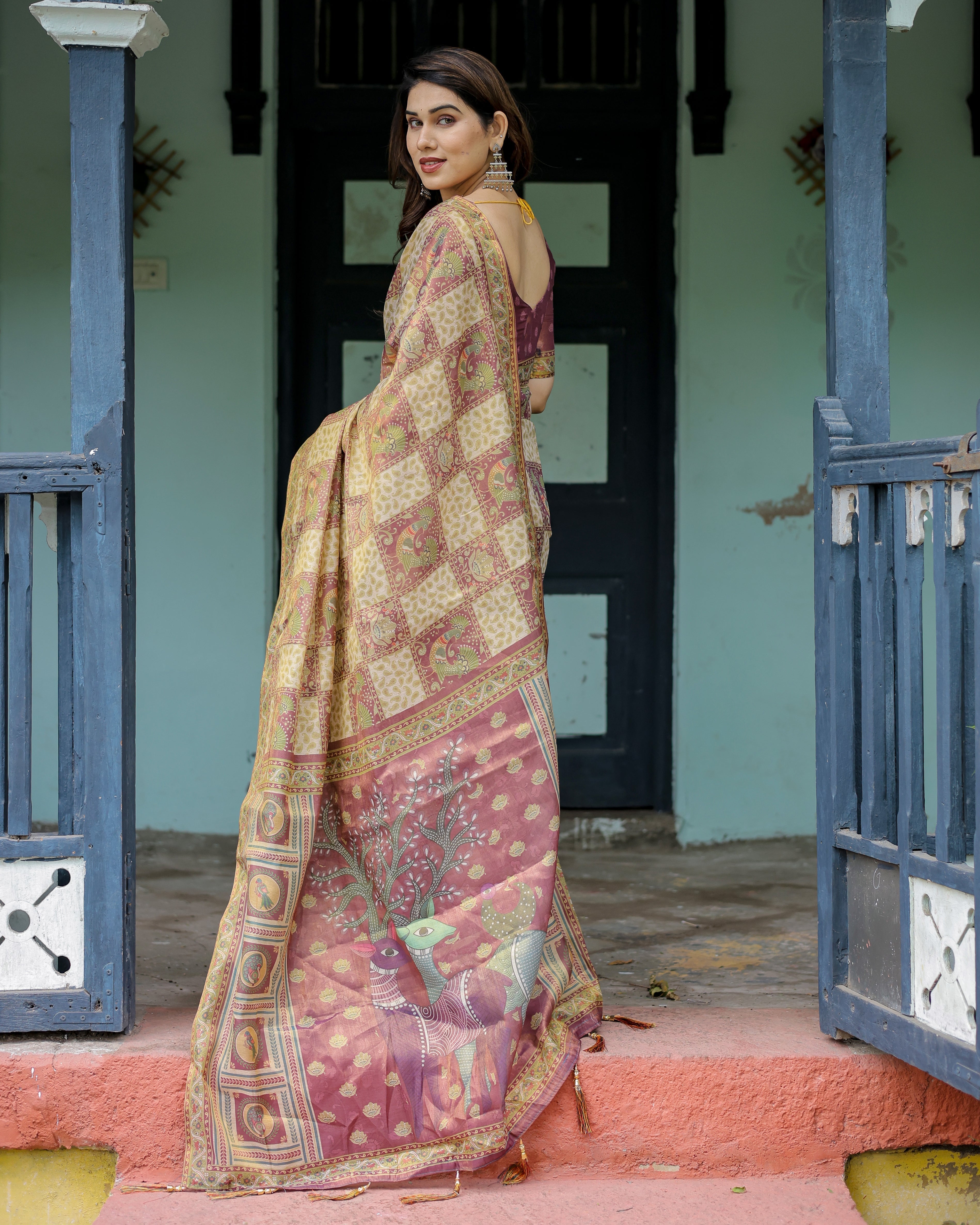 Cream & Maroon Handloom Cotton Saree with Deer Pallu and Blocked Peacock Motifs