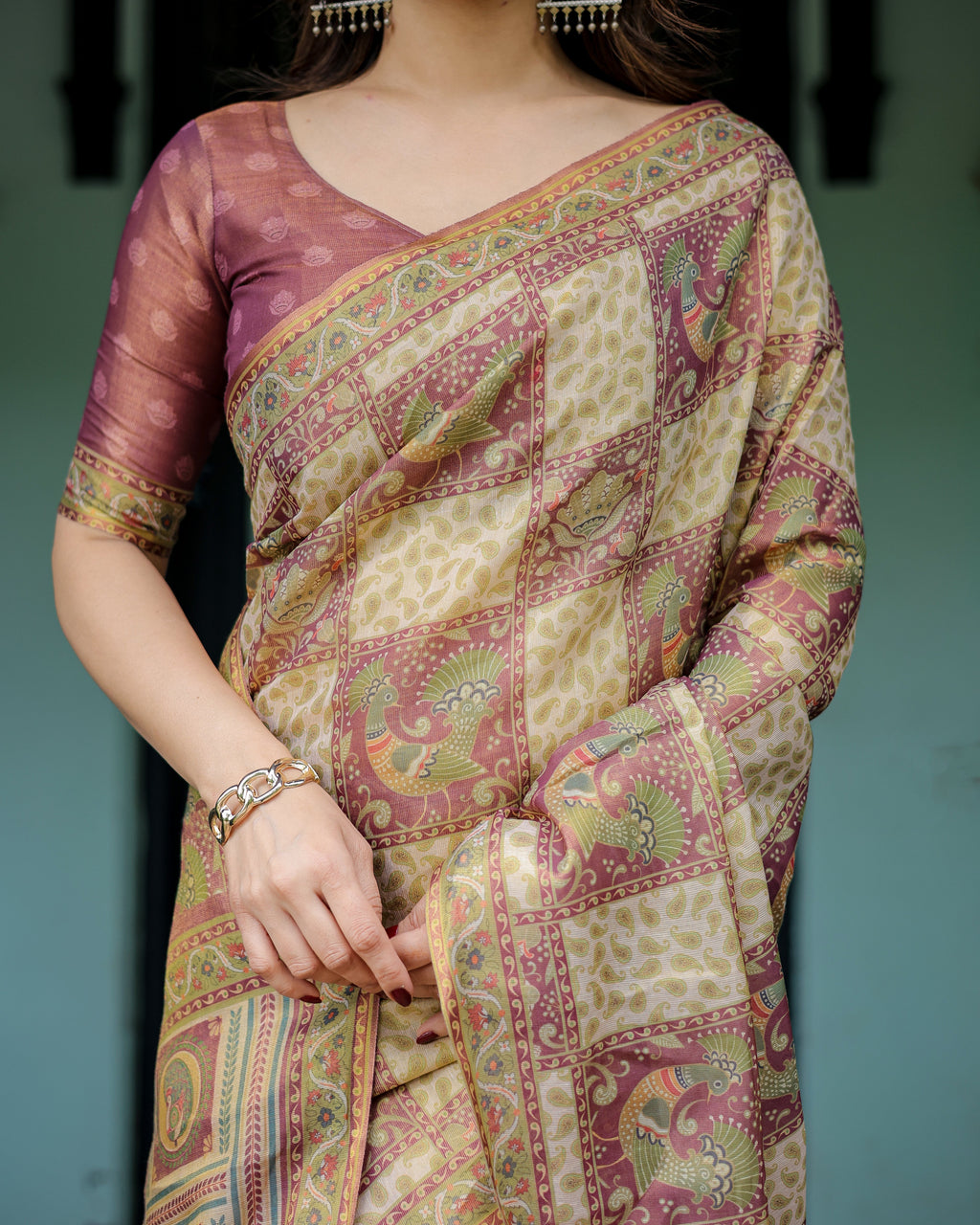 Cream & Maroon Handloom Cotton Saree with Deer Pallu and Blocked Peacock Motifs