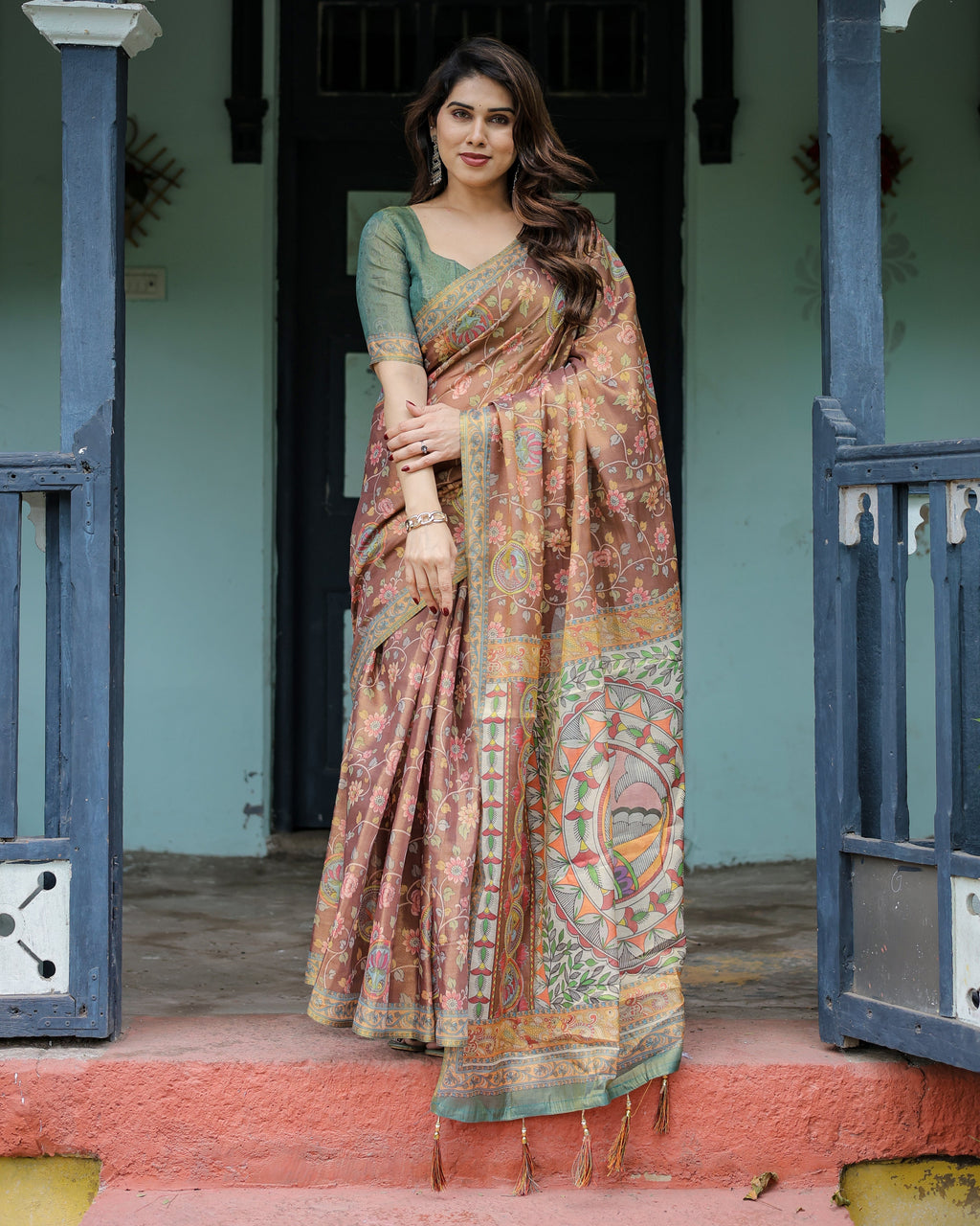 Rust Red Handloom Cotton Saree with Madhubani Fish Art & Floral Motifs – Contrast Blouse