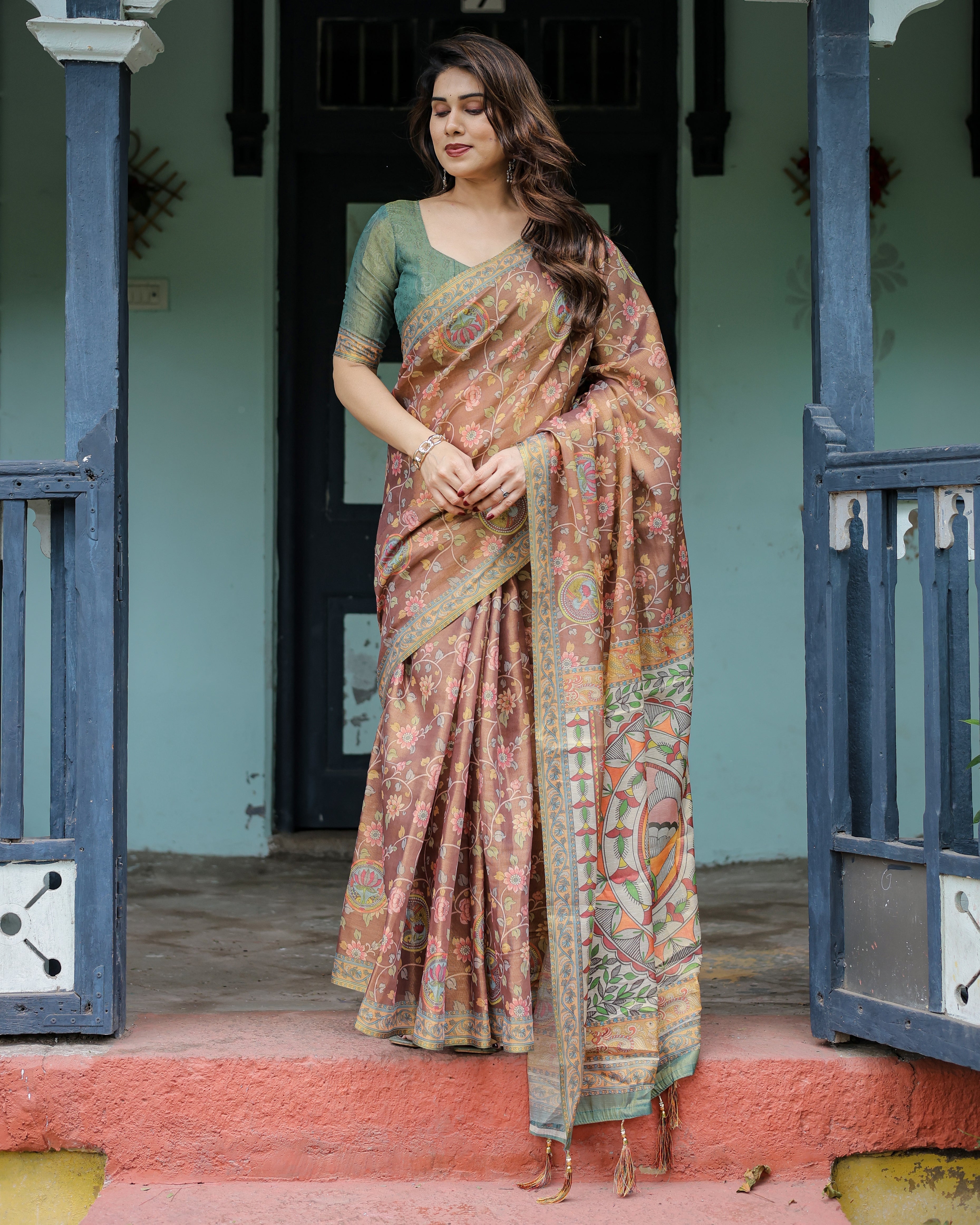 Rust Red Handloom Cotton Saree with Madhubani Fish Art & Floral Motifs – Contrast Blouse