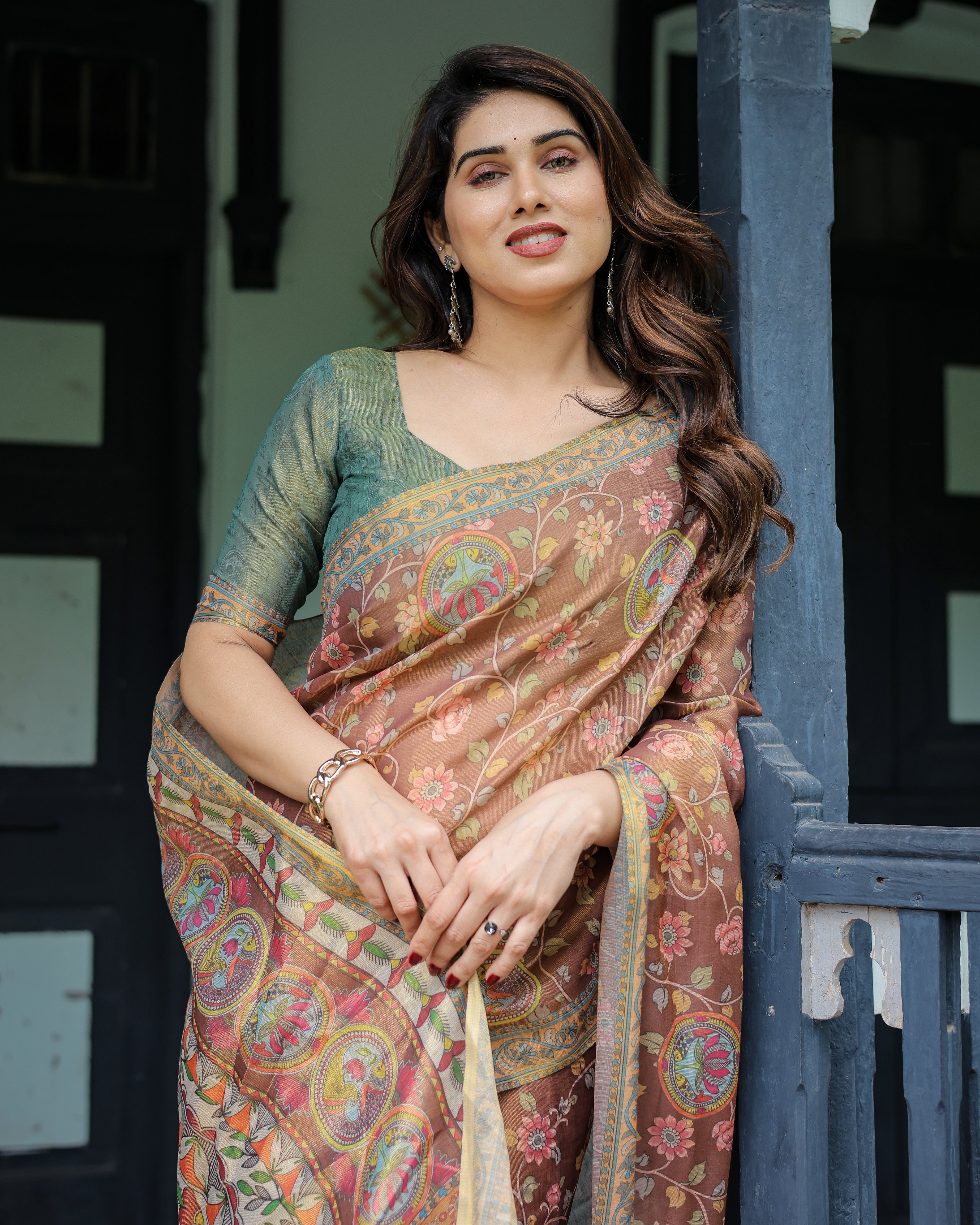 Rust Red Handloom Cotton Saree with Madhubani Fish Art & Floral Motifs – Contrast Blouse