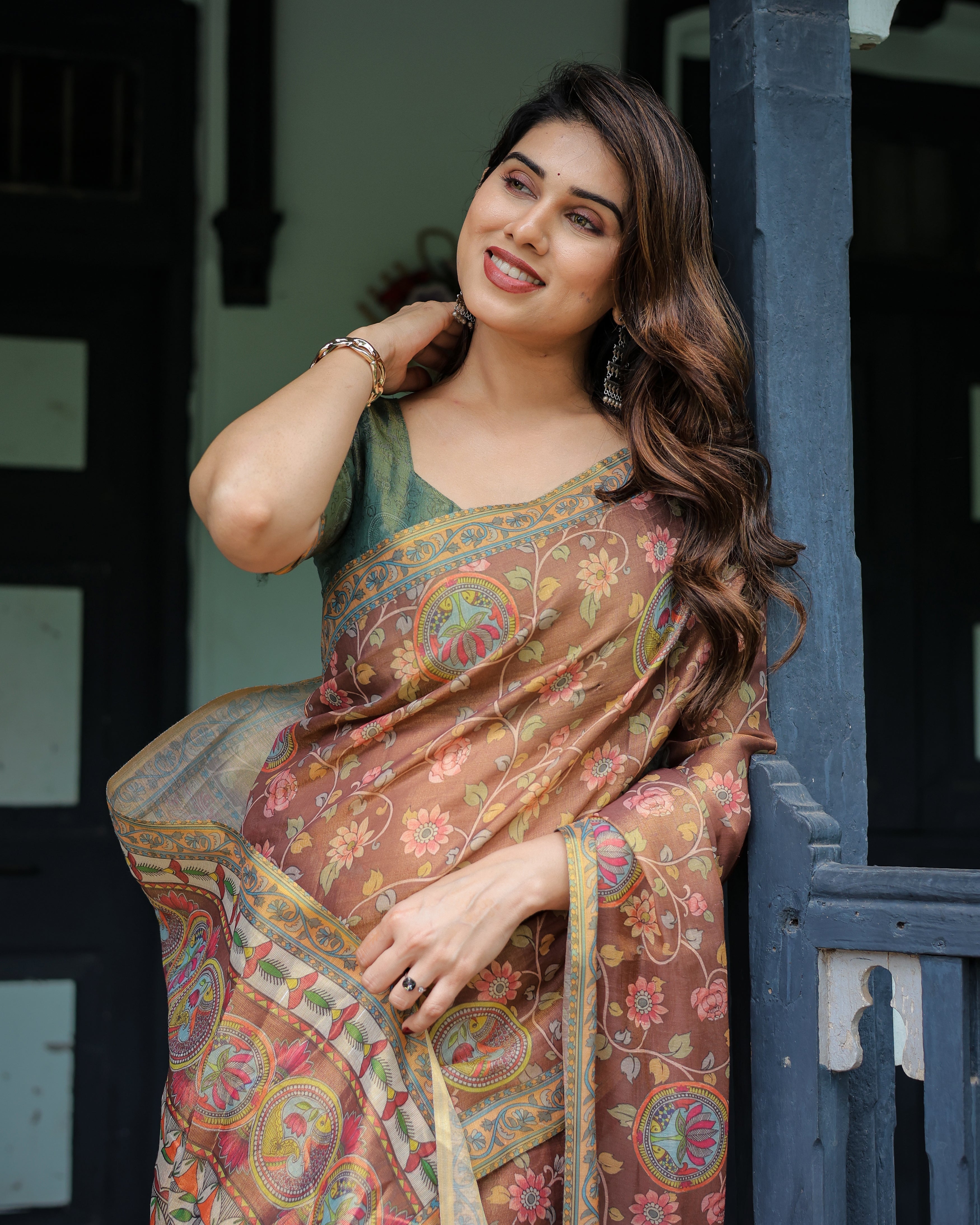 Rust Red Handloom Cotton Saree with Madhubani Fish Art & Floral Motifs – Contrast Blouse