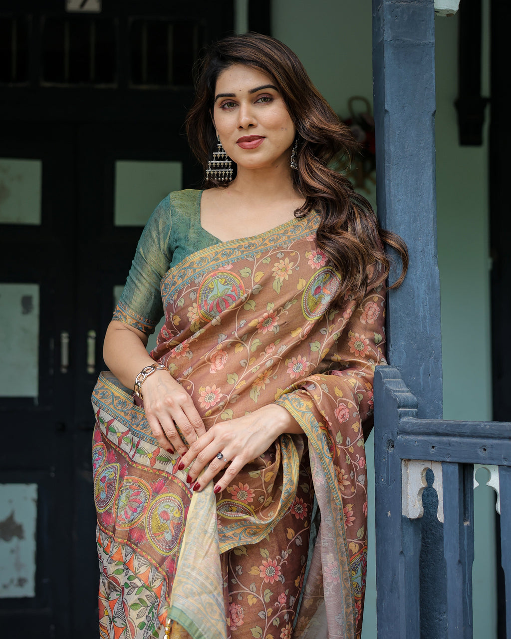 Rust Red Handloom Cotton Saree with Madhubani Fish Art & Floral Motifs – Contrast Blouse