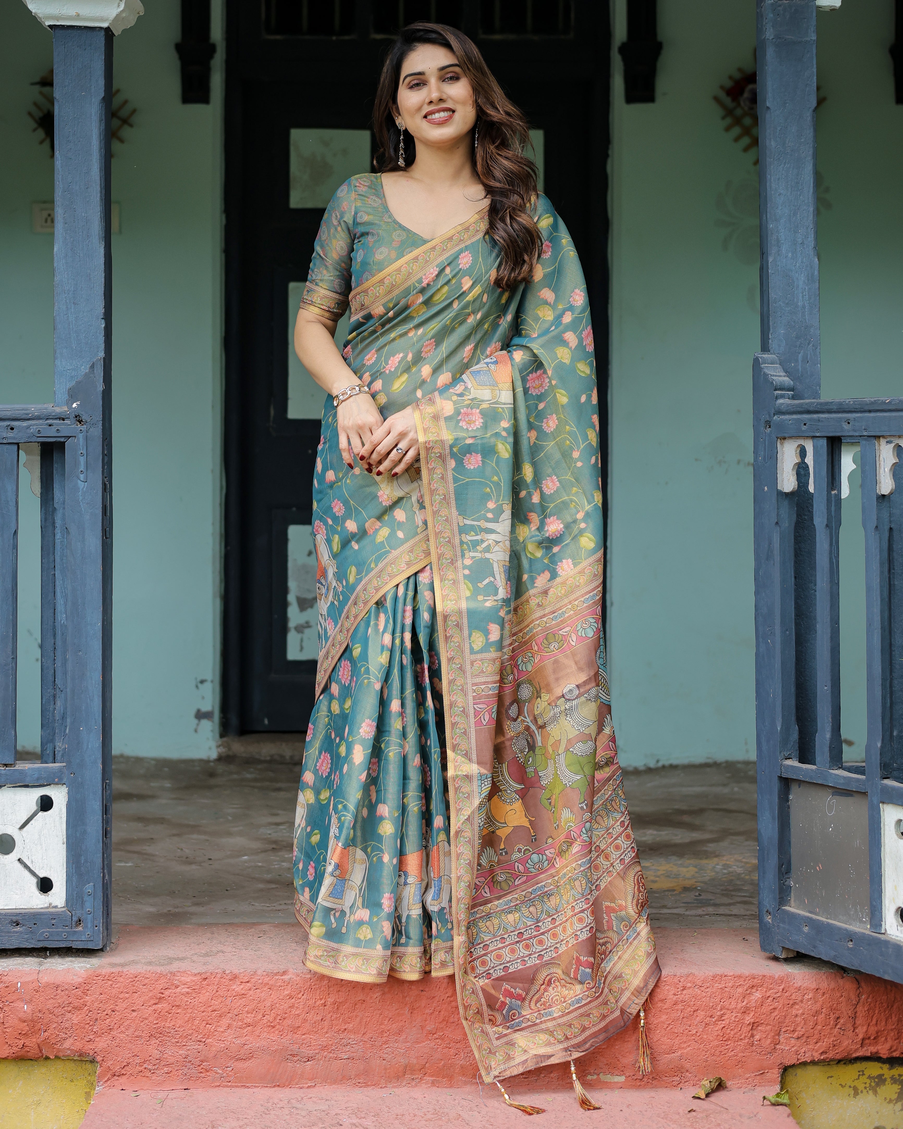 Divine Procession Teal Green Handloom Cotton Saree with Lotus Floral Print & Artistic Pallu