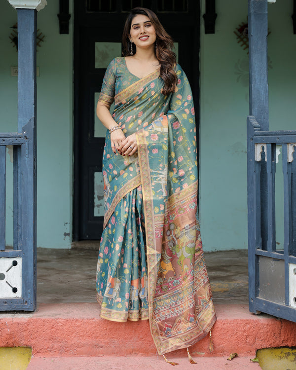 Divine Procession Teal Green Handloom Cotton Saree with Lotus Floral Print & Artistic Pallu