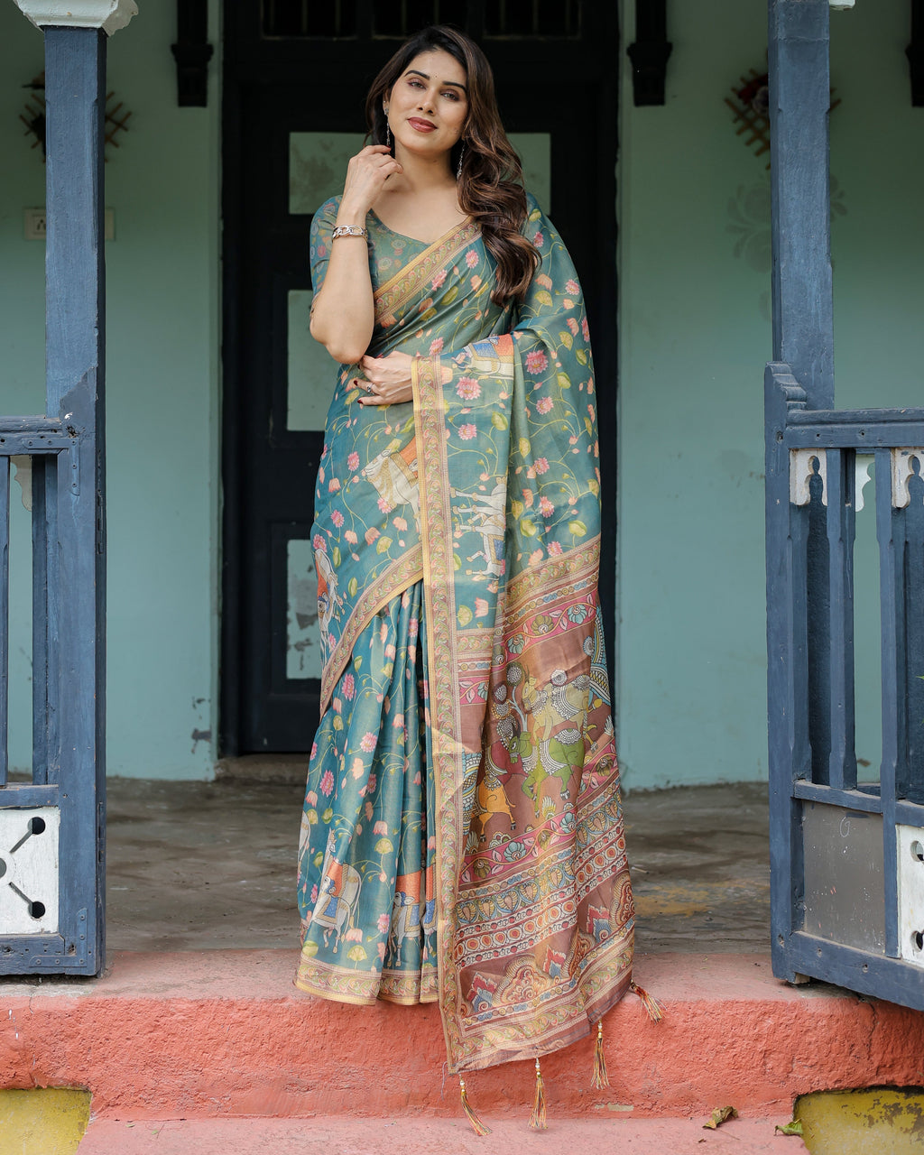 Divine Procession Teal Green Handloom Cotton Saree with Lotus Floral Print & Artistic Pallu