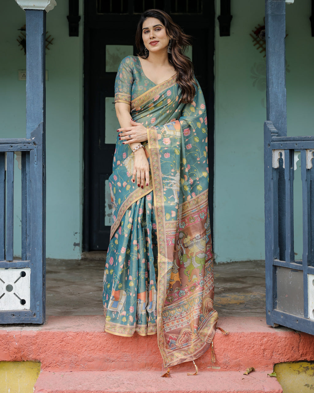 Divine Procession Teal Green Handloom Cotton Saree with Lotus Floral Print & Artistic Pallu