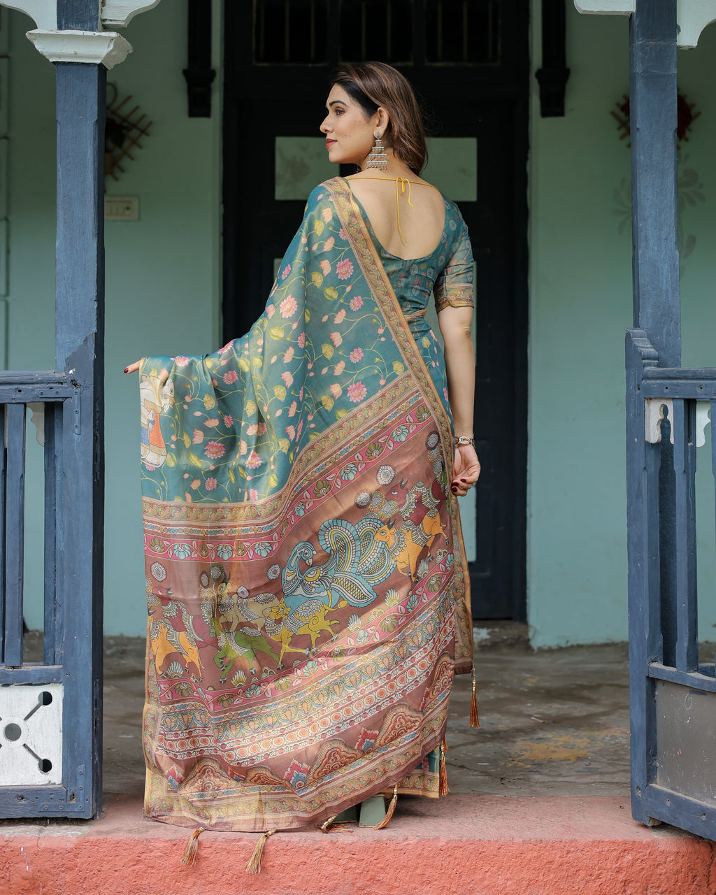 Divine Procession Teal Green Handloom Cotton Saree with Lotus Floral Print & Artistic Pallu