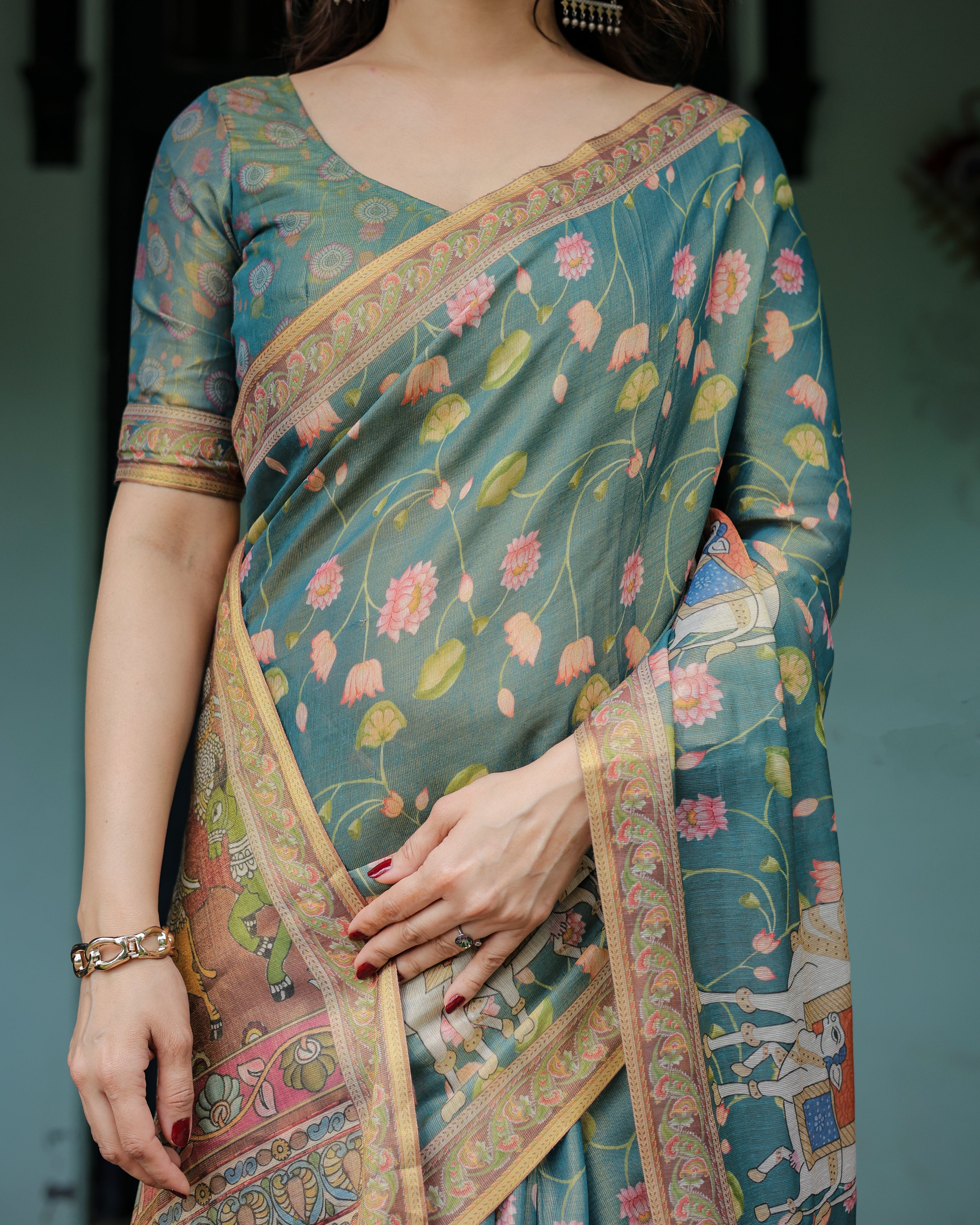 Divine Procession Teal Green Handloom Cotton Saree with Lotus Floral Print & Artistic Pallu