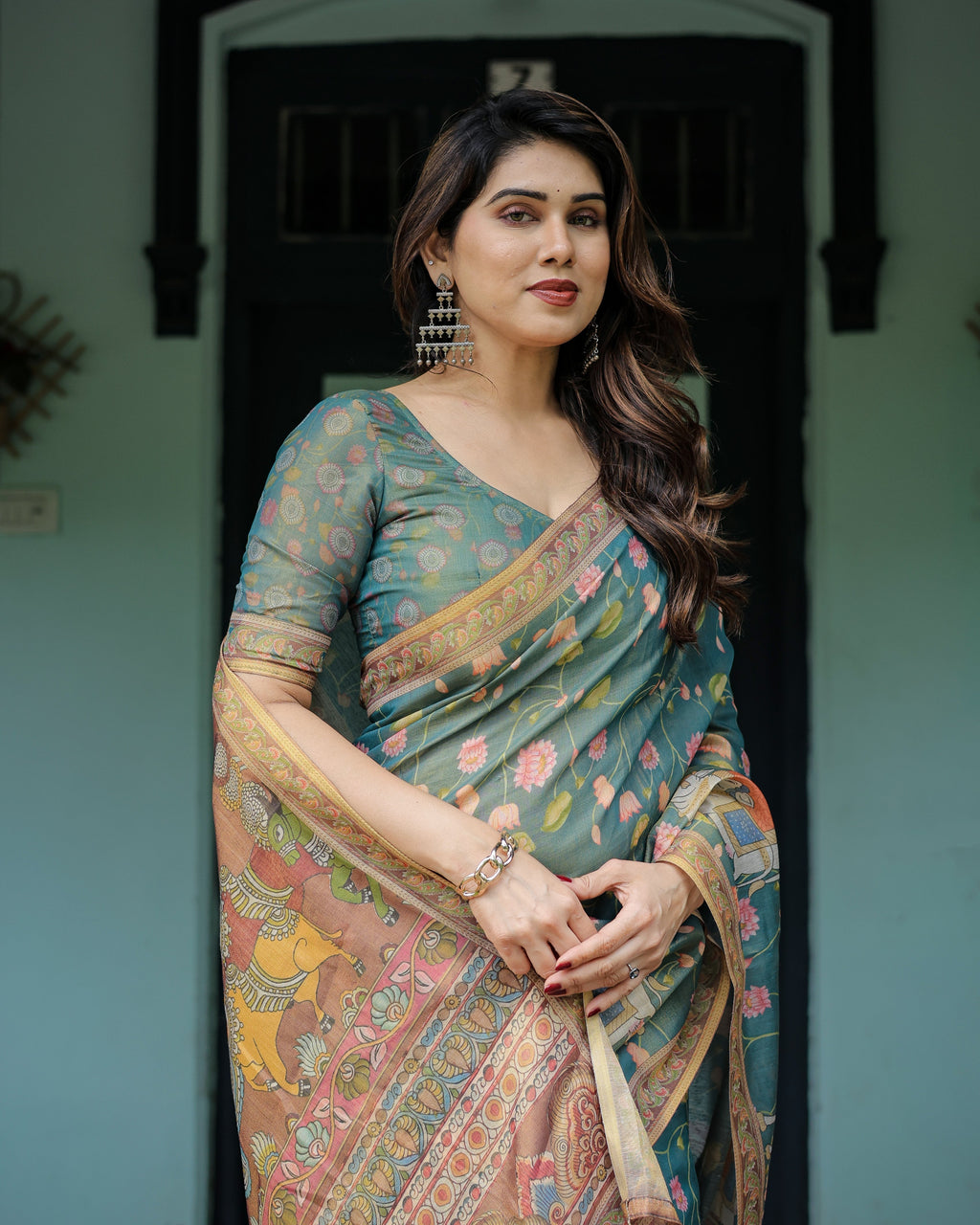 Divine Procession Teal Green Handloom Cotton Saree with Lotus Floral Print & Artistic Pallu