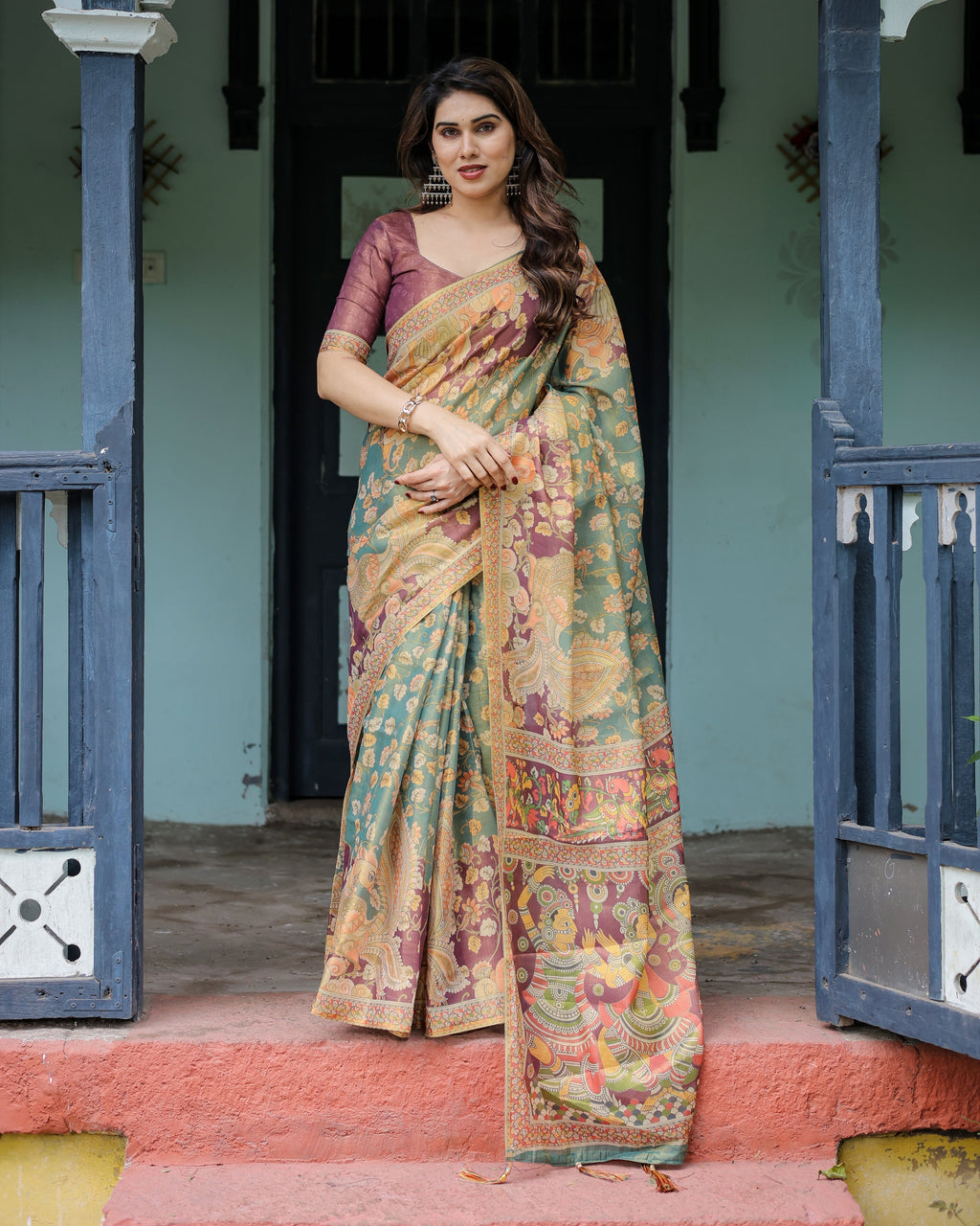 Sage Green & Maroon Handloom Cotton Saree with Mythical Tribal Art and Floral Motifs
