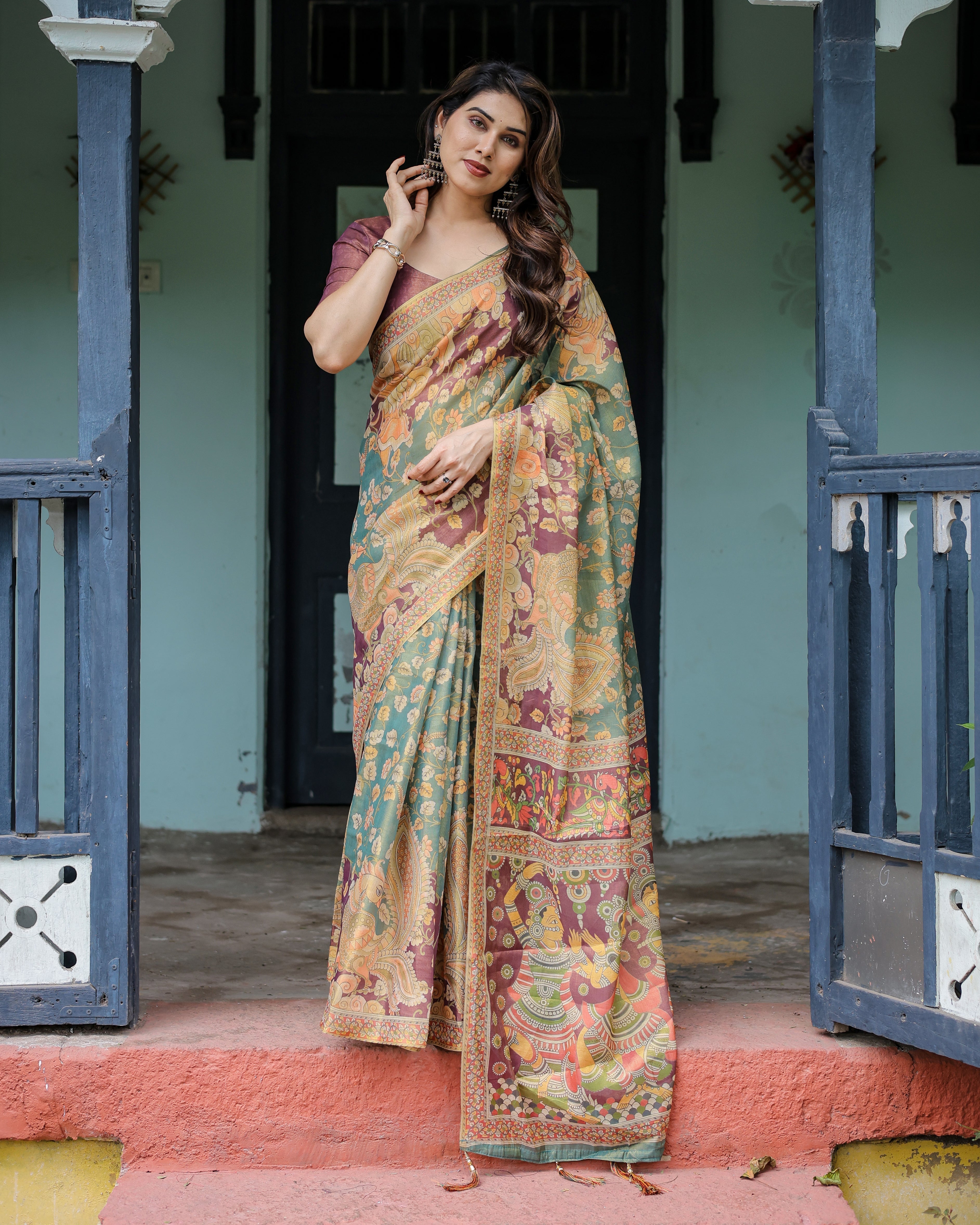 Sage Green & Maroon Handloom Cotton Saree with Mythical Tribal Art and Floral Motifs