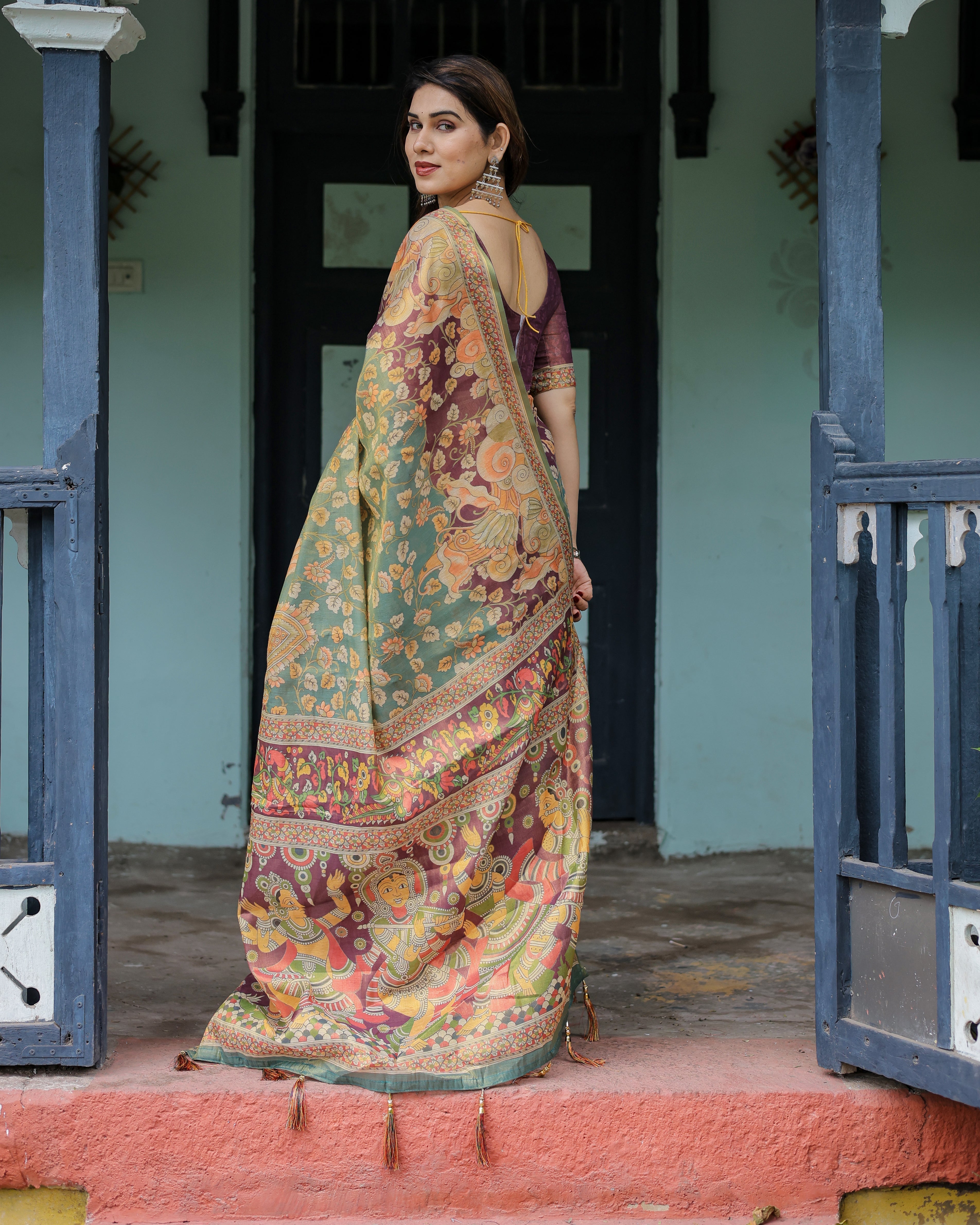 Sage Green & Maroon Handloom Cotton Saree with Mythical Tribal Art and Floral Motifs