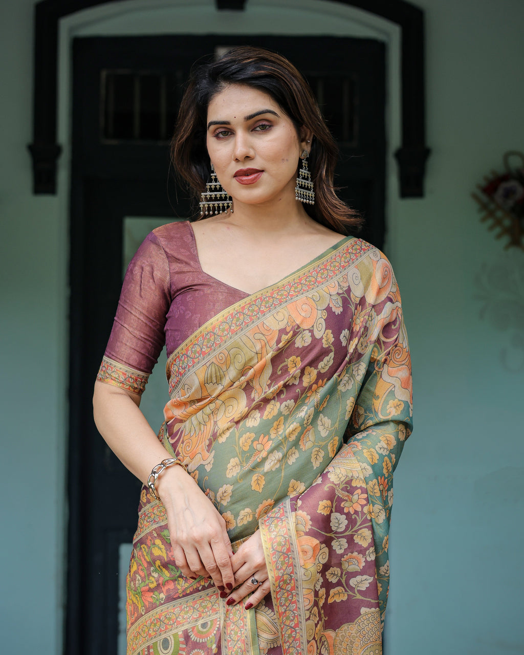 Sage Green & Maroon Handloom Cotton Saree with Mythical Tribal Art and Floral Motifs